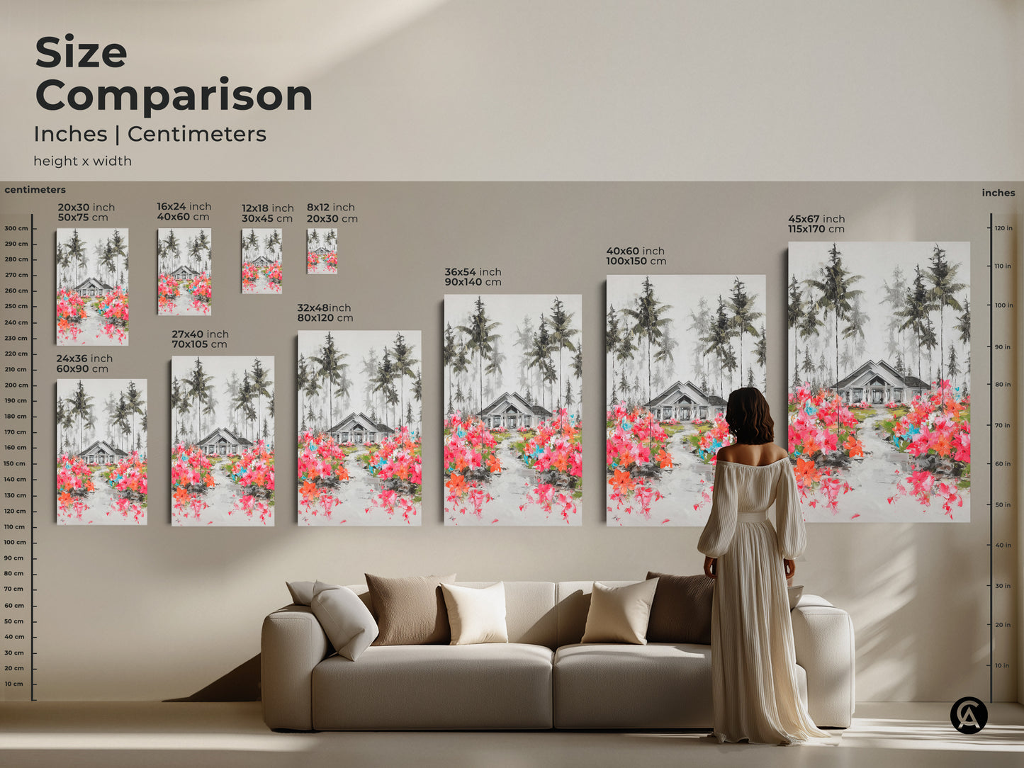 Size comparison shows the house and pine trees art in various dimensions. See inches and centimeters to envision wall art placement. This modern farmhouse entry hall decor is perfect for any room. Transform your space with beautiful landscape wall art.