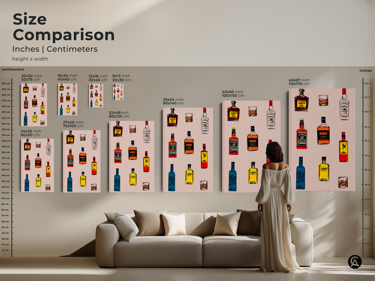 A size comparison for retro bar art prints. See the art in inches and centimeters. This whiskey bottle art print is great for a home bar. It's also a colorful bar print.