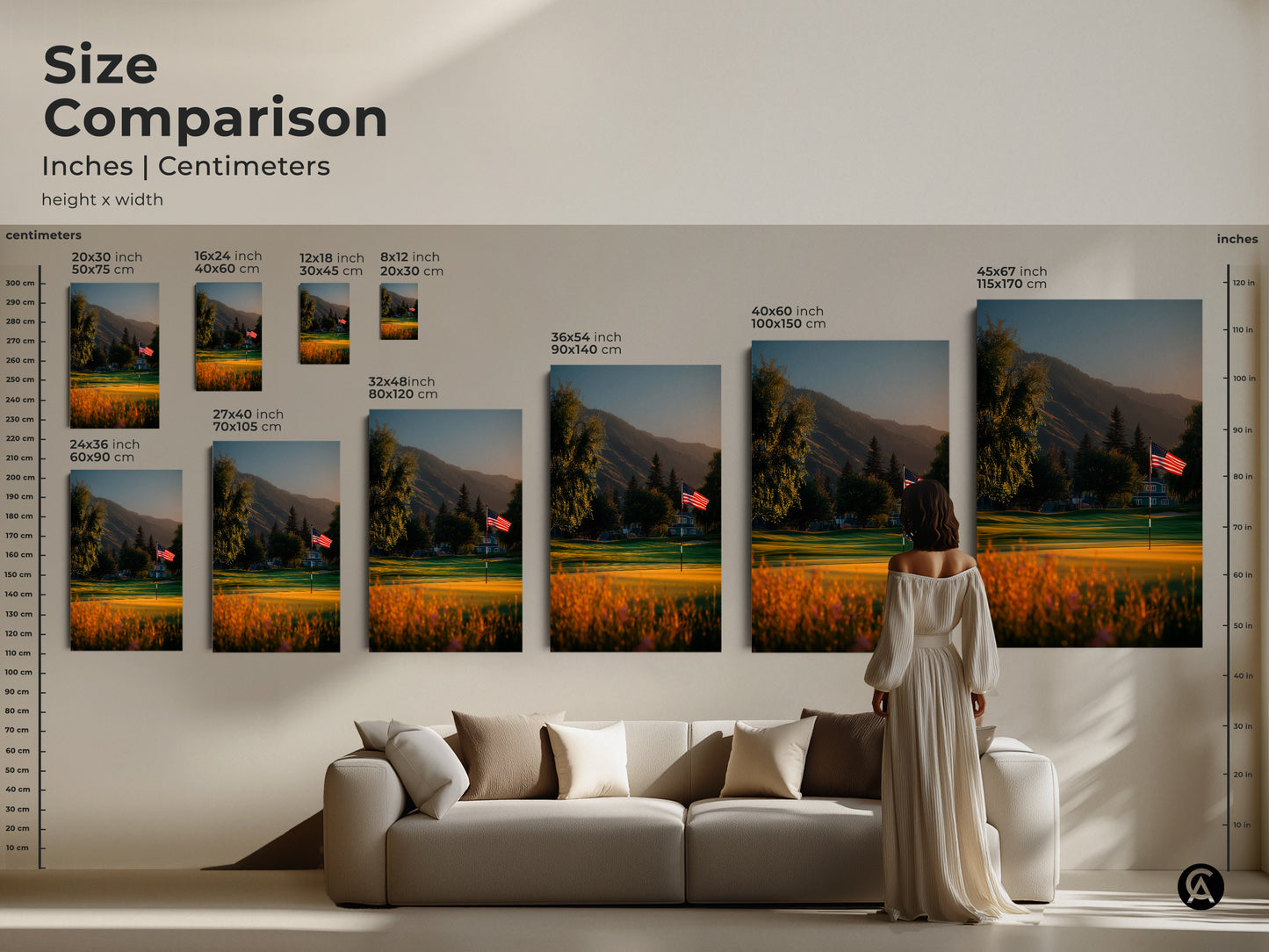 Size comparison of golf course art with an American flag in inches and centimeters. See how different sizes fit above a sofa. Visualize the perfect scale for your canvas or poster print today.