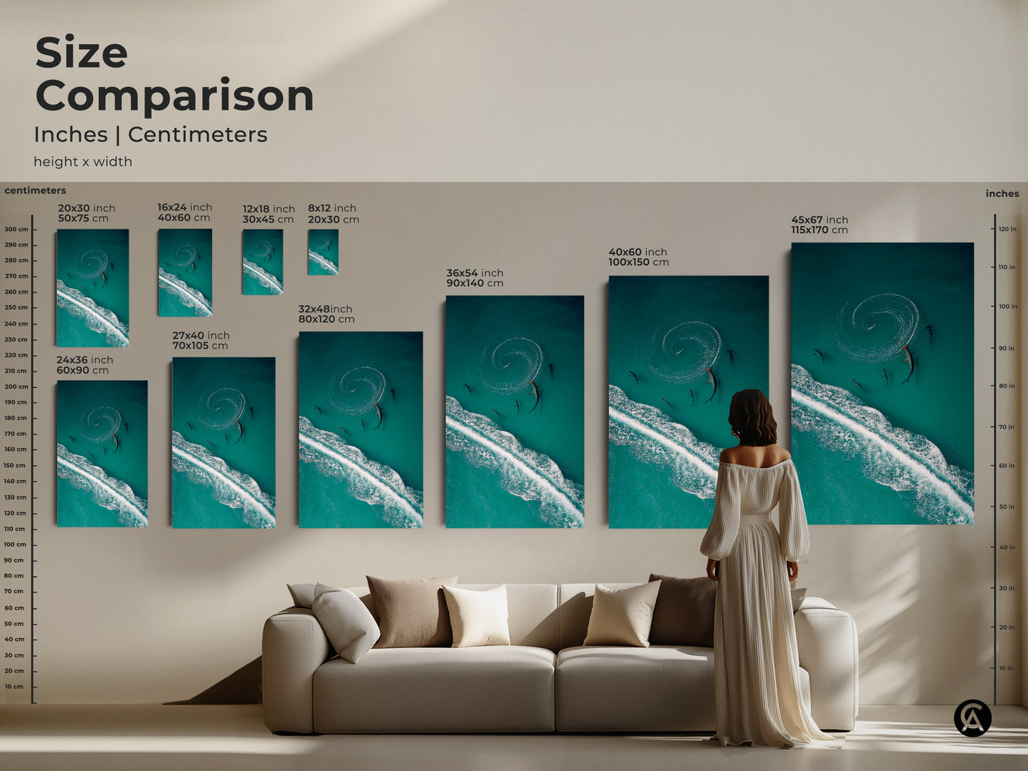 Compare sizes and transform your space with this ocean wave canvas art. This aerial shark wildlife print brings turquoise deep blue hues to your walls. Available in various sizes this coastal artwork fits perfectly above any sofa. The perfect piece for ocean enthusiasts.