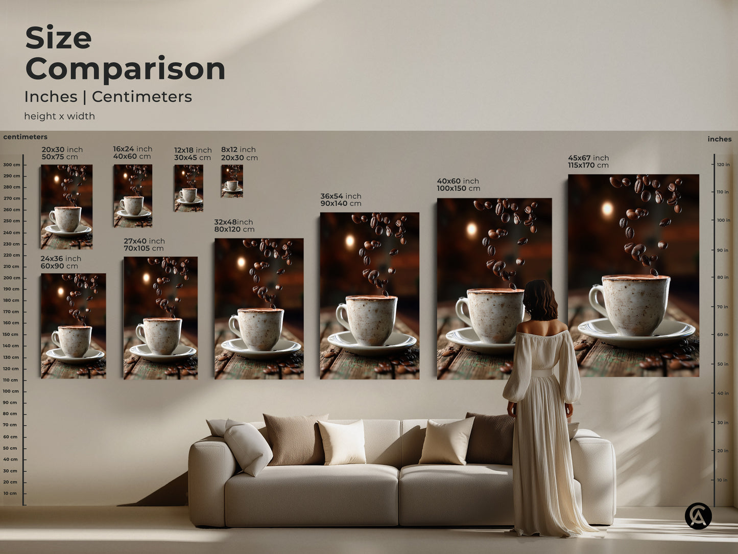 Size comparison of coffee cup art prints. See how the art fits above a sofa. Sizes range from 20x30 to 45x67 inches. Visualize the artwork's impact in your space.