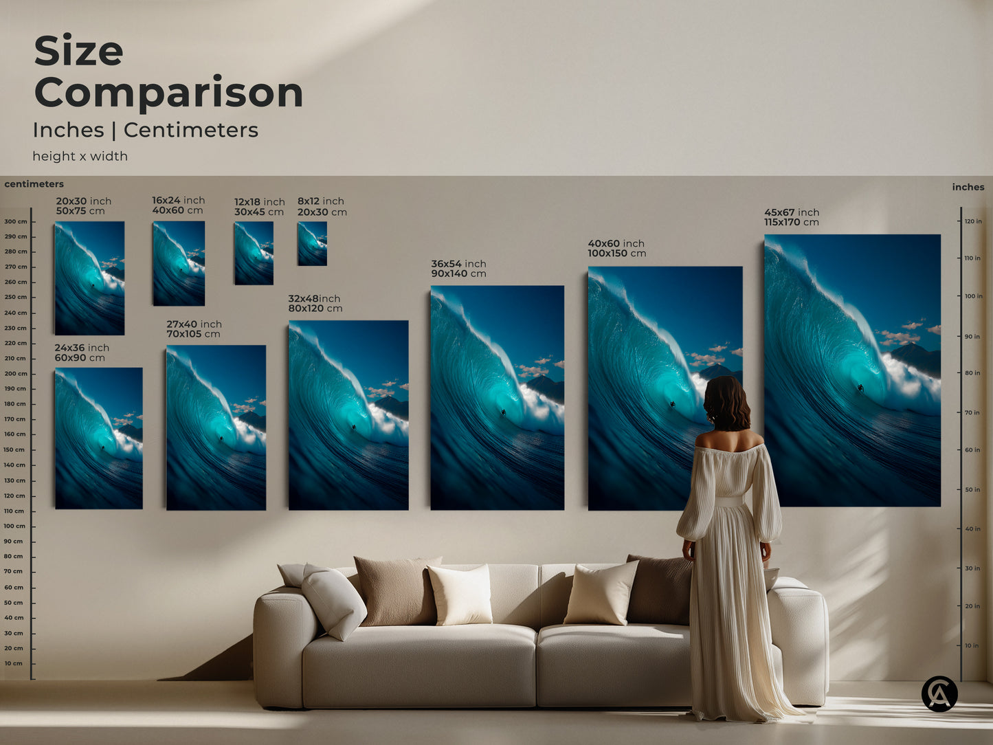 Size comparison of art prints. See wave art in inches and centimeters. Visualize sizes from 20x30 cm to 45x67 inches. Perfect art for any space. Find your ideal ocean artwork today.