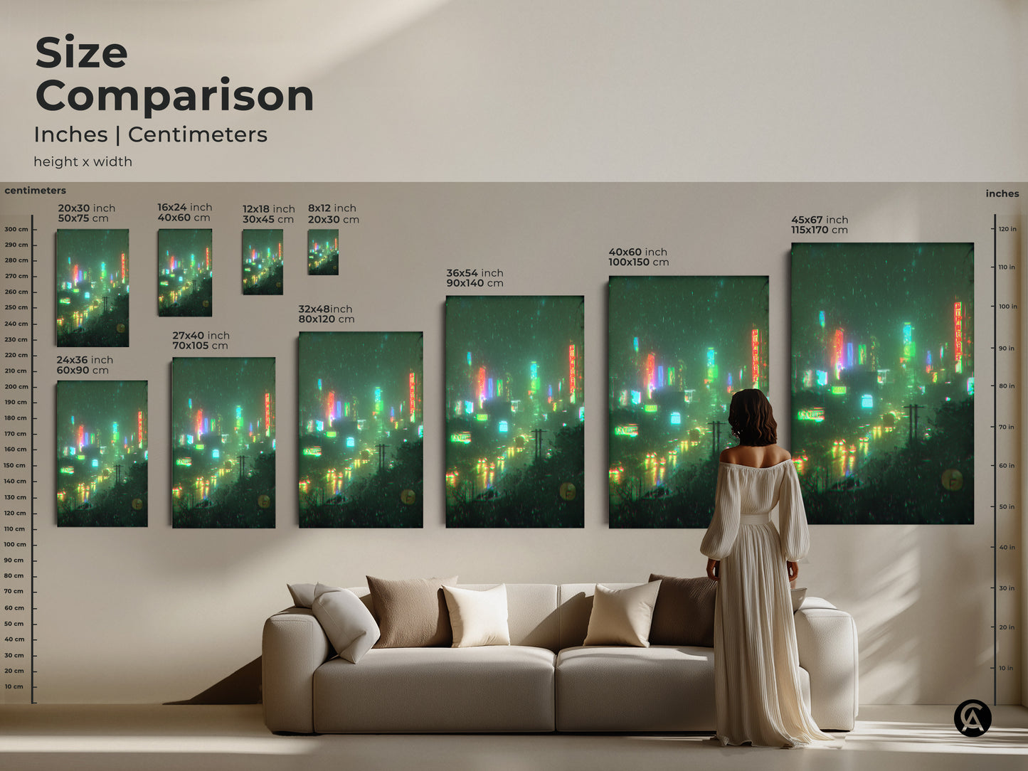Size comparison of neon cityscape artwork. See how different sizes fit with your space. Available in inches and centimeters. Visualize the artwork in various dimensions. Find the ideal size to enhance your home decor today. Shop now
