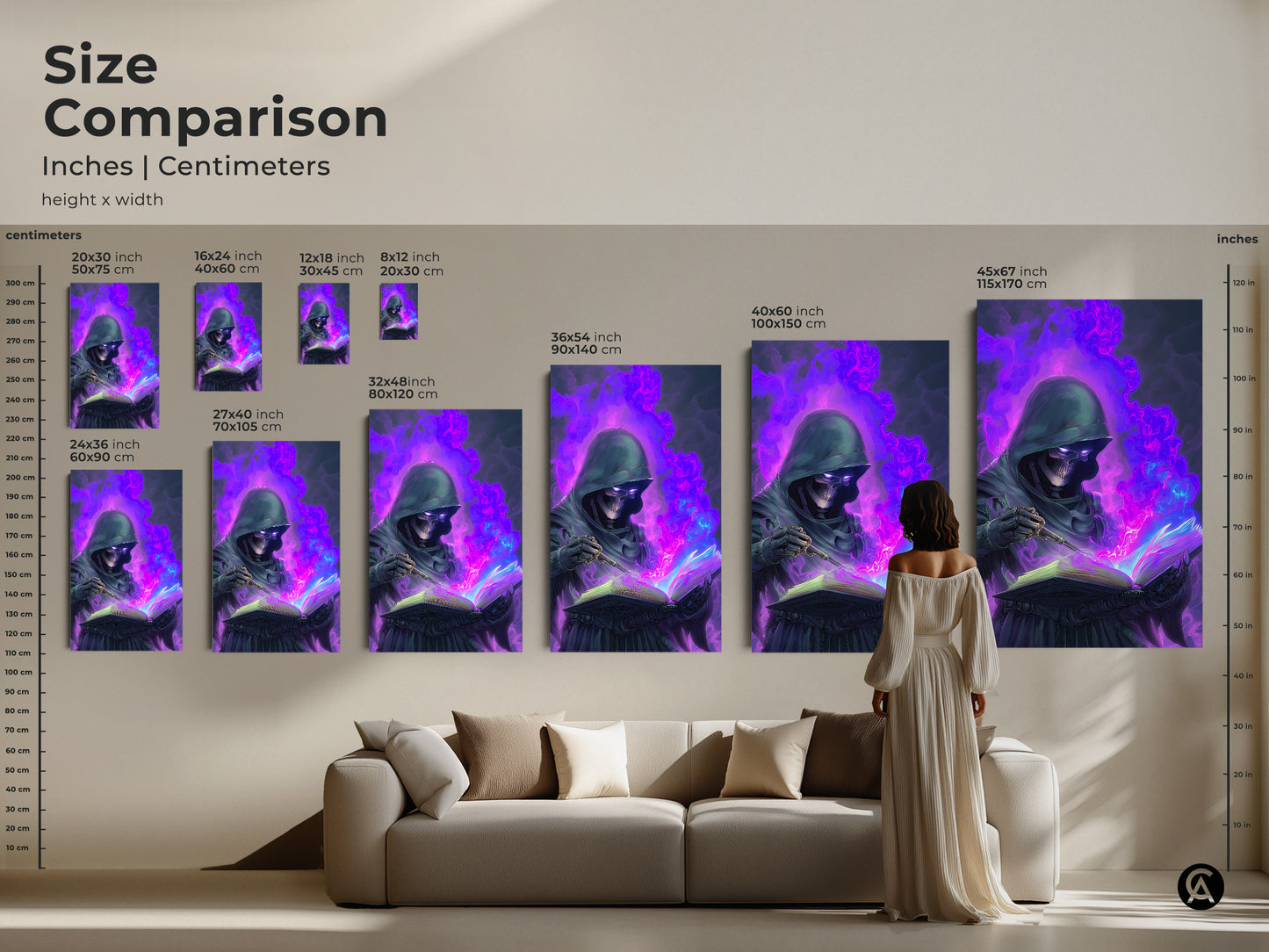 Size Comparison of Skeleton Mage Canvas Art. It shows inches and centimeters. Sizes range from small to large. The art is Gothic Spellbook Wall Art. Dark Fantasy Art Print with Purple and Blue Magic Decor.