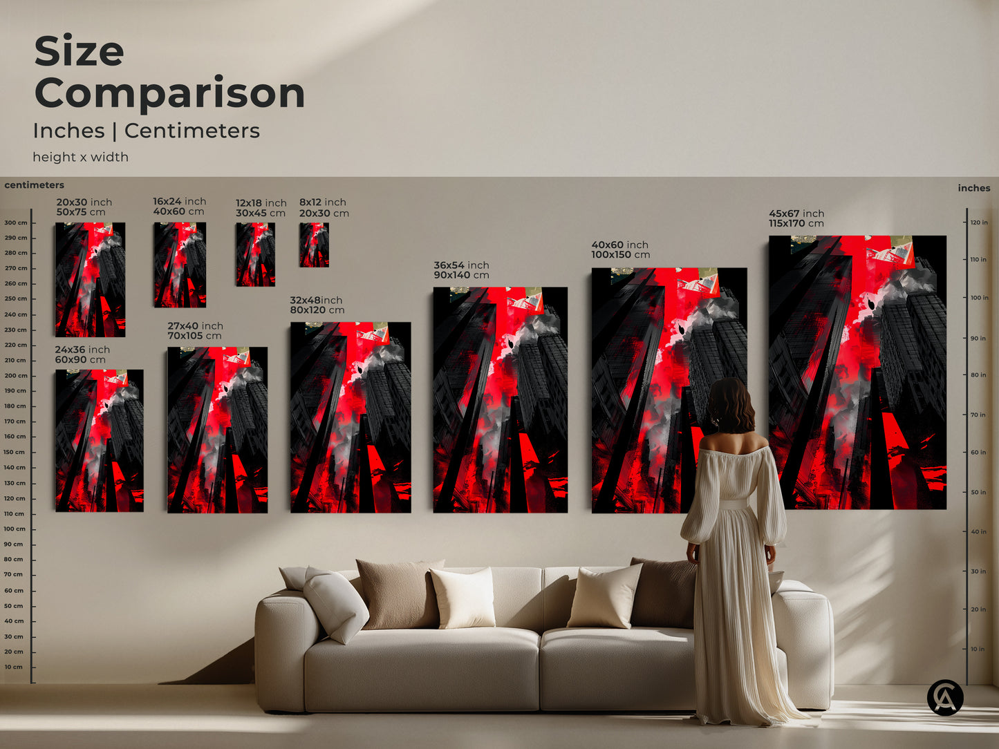 Size comparison of the abstract cityscape artwork in inches and centimeters. Visualize how different sizes will look in your living space perfect for modern home decor.