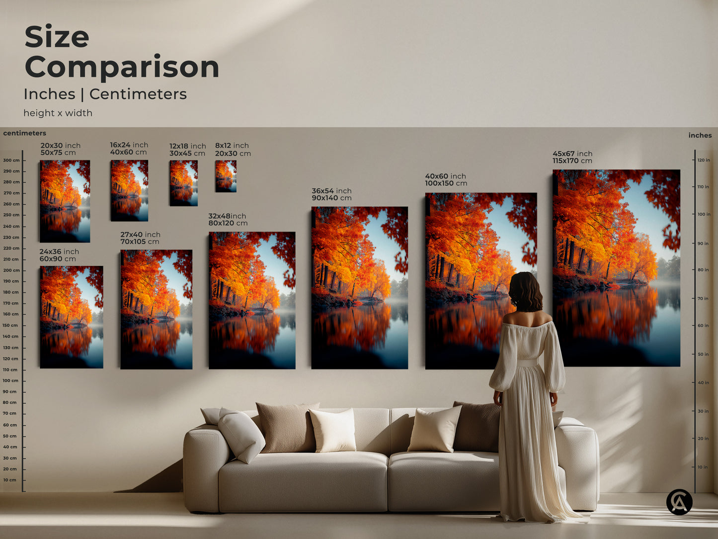 Compare sizes of our autumn landscape artwork. See how each piece fits in your space. Various dimensions are available as canvas or poster prints. Visualize the impact of this stunning artwork in your home. Choose the perfect size to enhance your decor and bring the beauty of fall indoors.