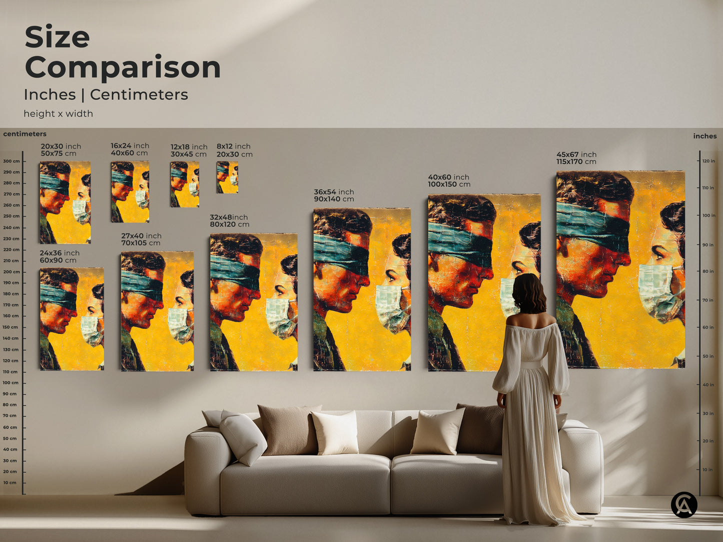 Size comparison of the artwork in inches and centimeters. The artwork is available in various sizes. It is suitable for different spaces. The artwork shows a man and woman. Find the perfect size to complement your interior decor today.