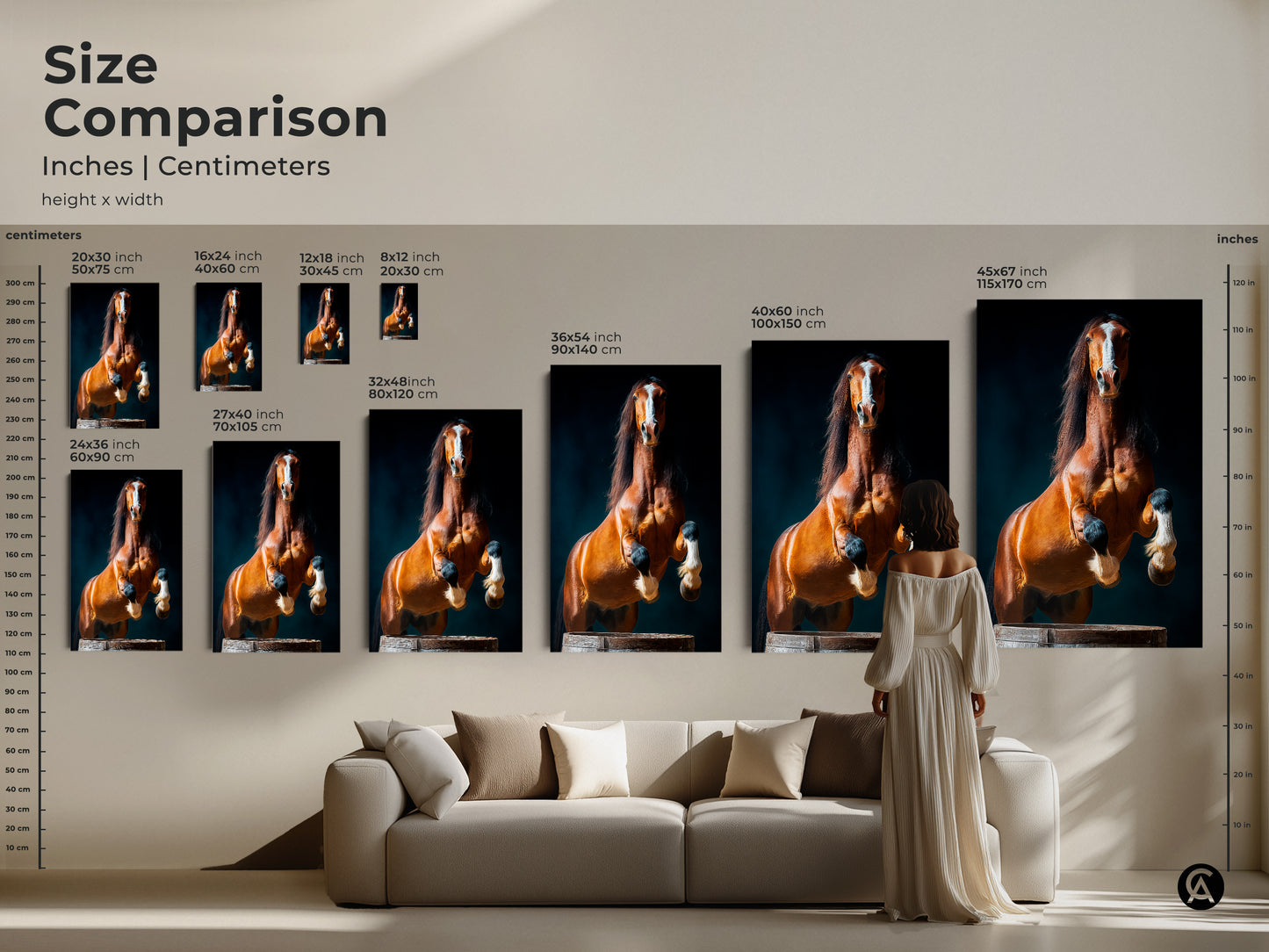 Size comparison of the inches and centimeters of rearing chestnut horse artwork. See how the sizes look over a couch. This contemporary animal art is perfect for any equestrian enthusiast.