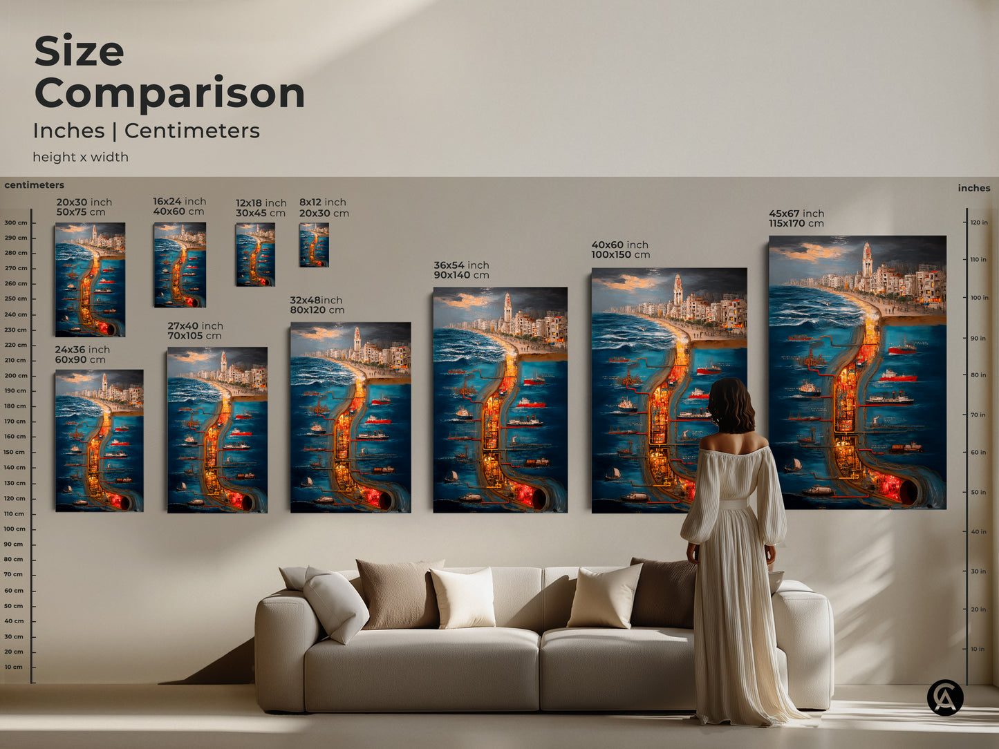 Size comparison of a detailed illustration art print featuring a surreal cityscape maritime industrial scene art print. See how sizes fit with your space. This deep blue orange and yellow wall decor is perfect for eclectic home decor. Find the ideal size for this maritime industrial canvas.