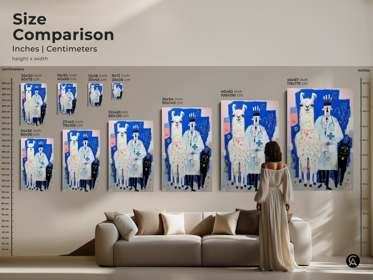 Size comparison of the Llama Doctor artwork. This shows various canvas and poster sizes in inches and centimeters. Visualize how the art fits above a sofa. It's perfect for eclectic wall art.
