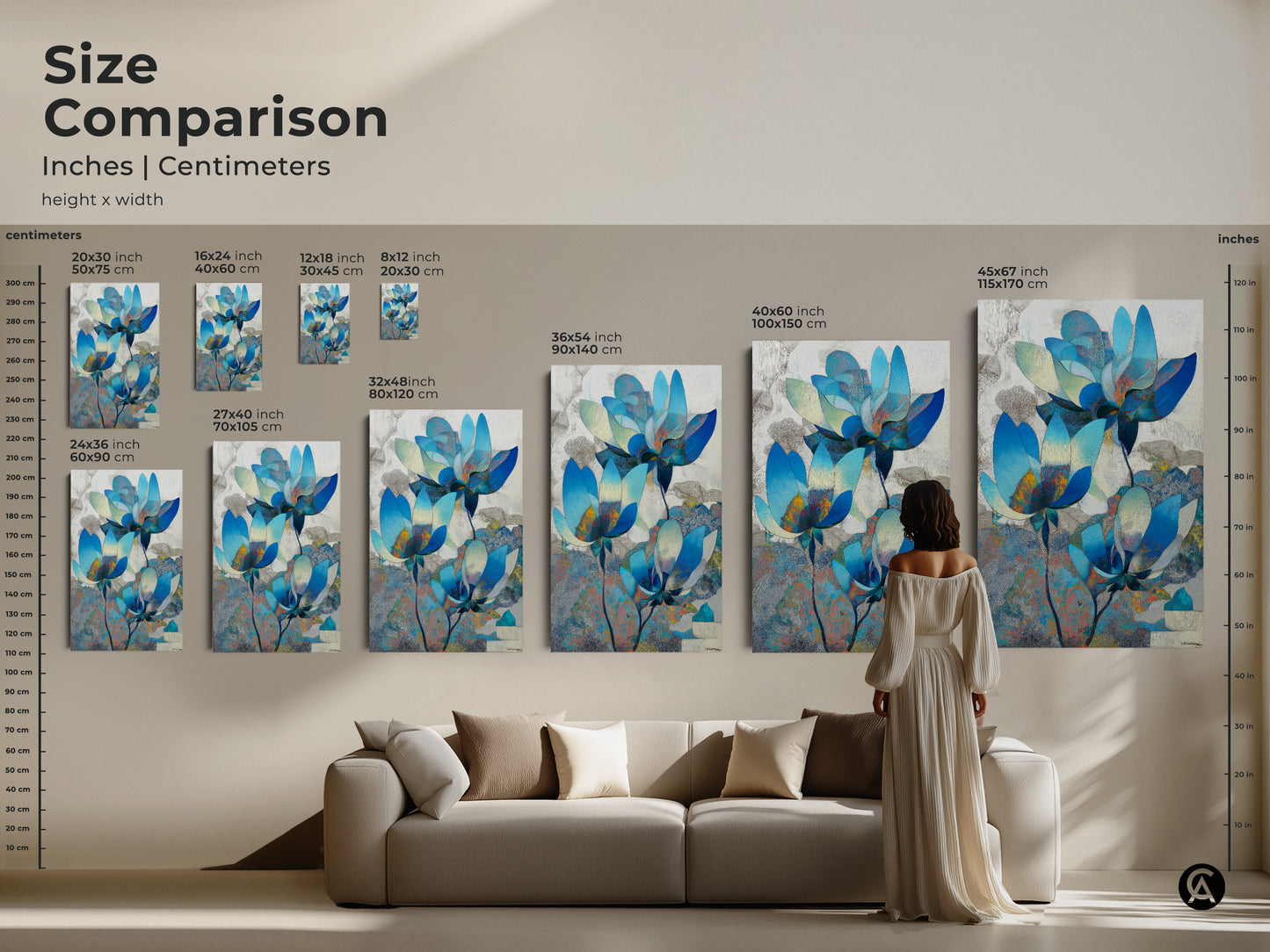Size comparison of abstract lotus canvas prints in inches and centimeters. See how different sizes fit above a couch. Find the ideal modern botanical art for your living room.