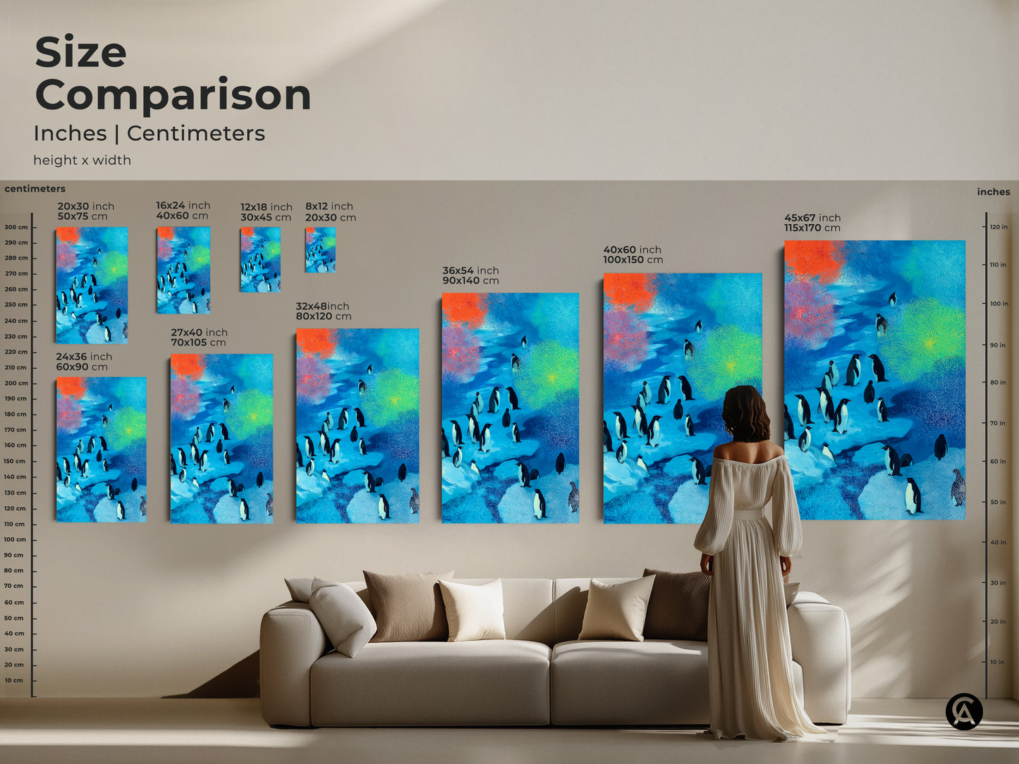 Size comparison of abstract penguin art. From small to extra large sizes. This colorful animal art transforms any room. Perfect for eclectic home decor.