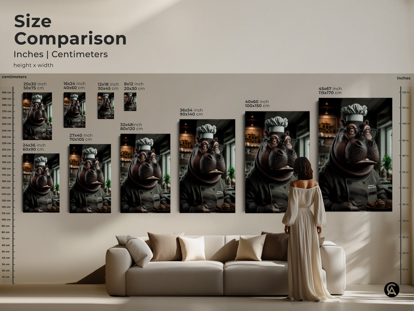 The size comparison helps you see the various sizes in relation to a sofa and person. The print features a hippo chef holding muffins. This warm and eclectic animal art is the perfect touch to any space. This delightful artwork adds humor to home bakers spaces.