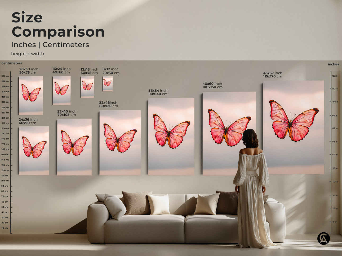Size comparison of minimalist butterfly art prints on a wall. The modern nature insect wall decor is shown in various sizes. The pink peach and rose gold canvas is ideal as bedroom art. Different sizes are available.