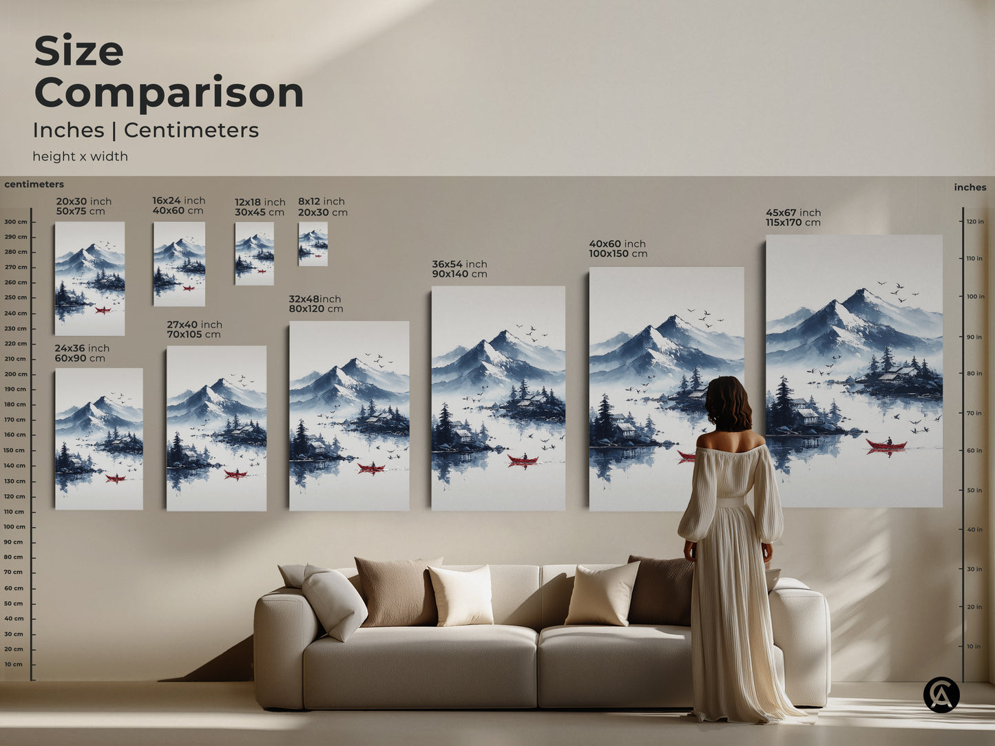 Size comparison of ink wash mountain lake canvas prints. See how the Scandinavian landscape art transforms different spaces. From small to extra-large sizes this peaceful nature wall art fits any room. Note the red boat detail that adds a touch of color to the blue gray landscape.