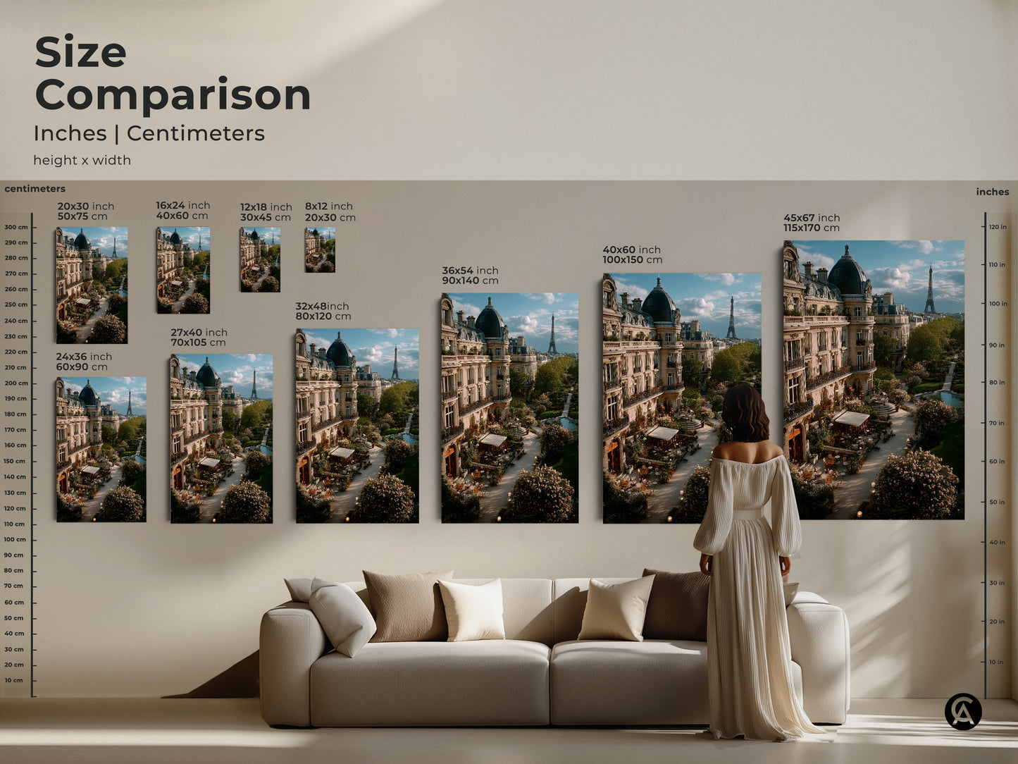 Size comparison of Paris Eiffel Tower art prints in inches and centimeters. See how different sizes fit above a sofa. Choose from 20x30 to 45x67 inch prints. Visualize your European cityscape wall decor today.