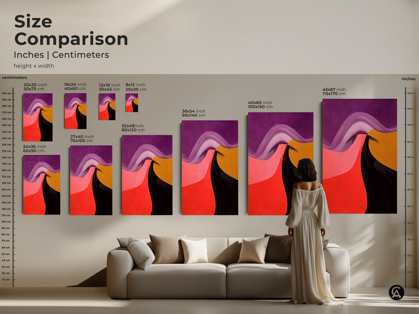 Size comparison of modern abstract wall art. See how geometric swirls in purple pink red and gold scale in a living space. Find the perfect canvas print for any room decor.