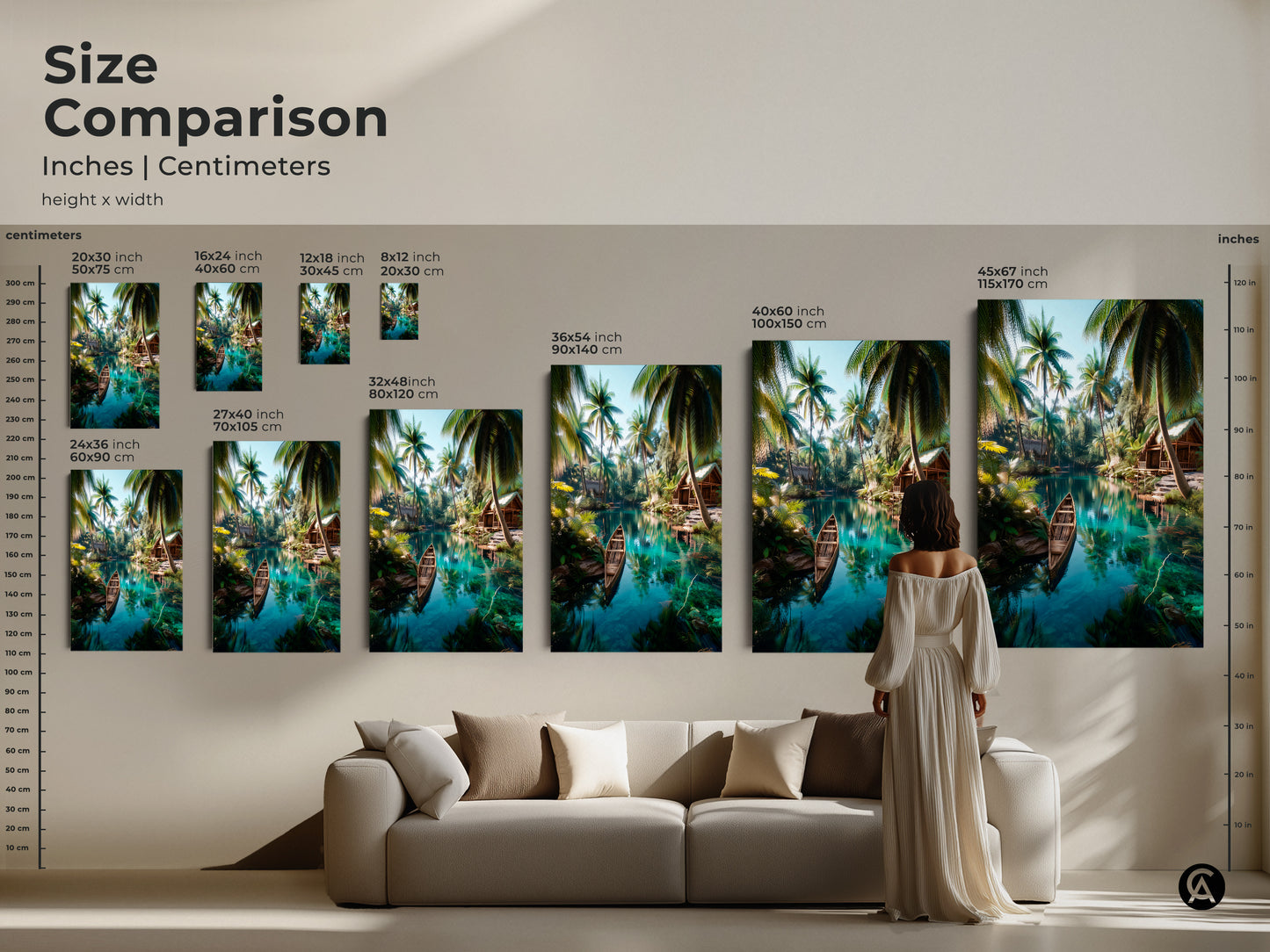 Size comparison of tropical island art prints in inches and centimeters. Visualize how artwork fits above a sofa. Various sizes available to suit your space. Enhance your home with beautiful art.