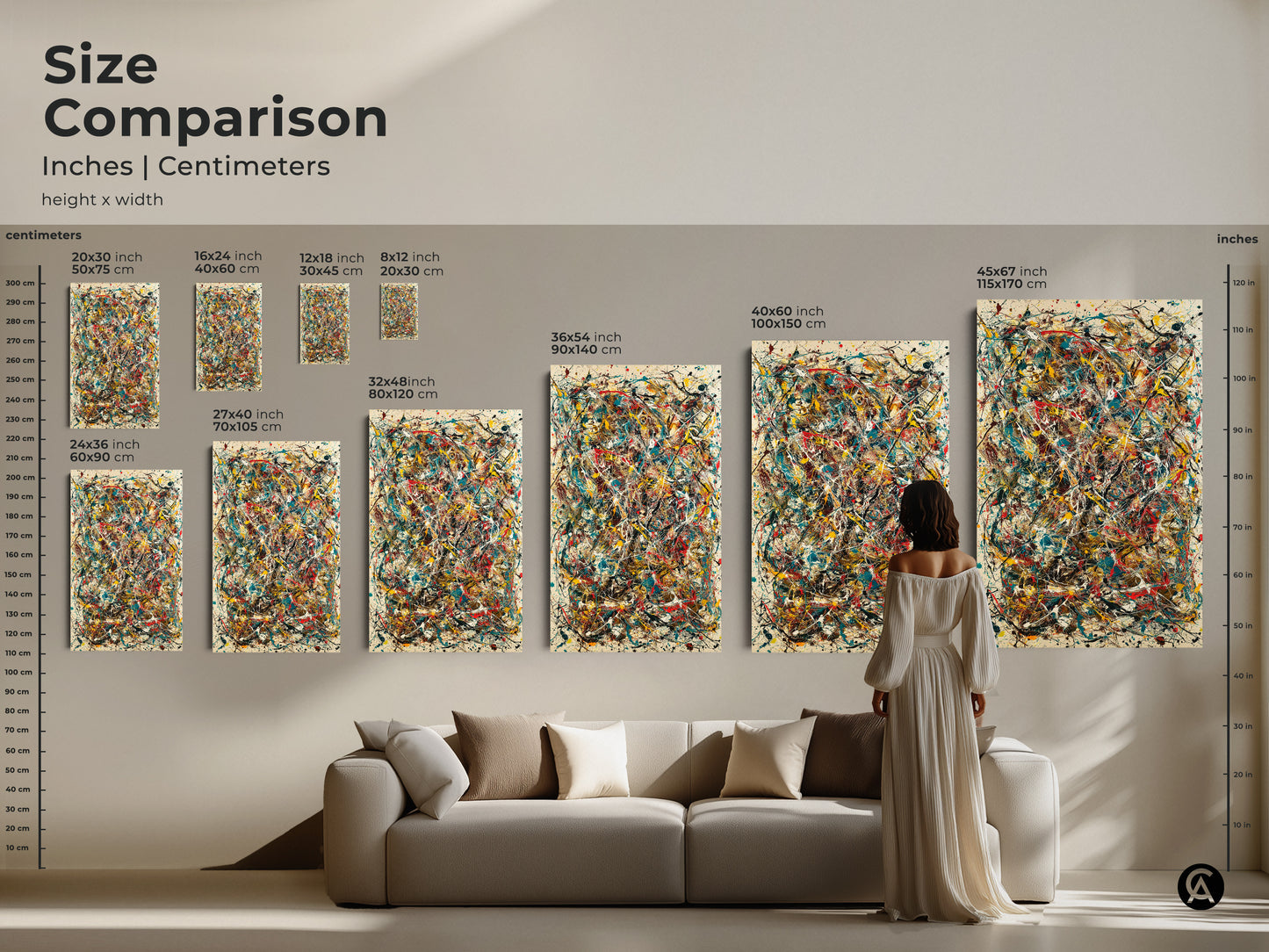 Size comparison of abstract artwork prints. See how canvas and posters look in various sizes. From 8x12 to 45x67 inches. Perfect for any room. Find the ideal artwork dimensions for your space.