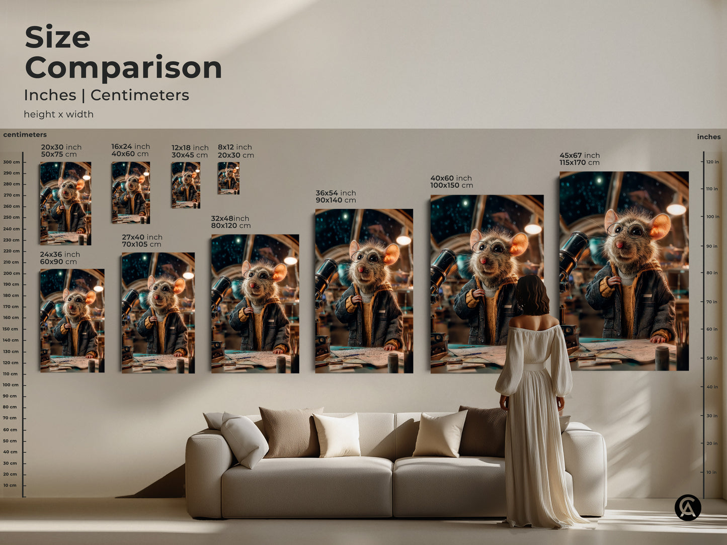 Size comparison of the mouse astronaut artwork in inches and centimeters. The sizes range from 8x12 inches to 45x67 inches. See how the whimsical animal decor fits above a sofa. This space exploration art adds an eclectic touch. Perfect for any stargazer's home.