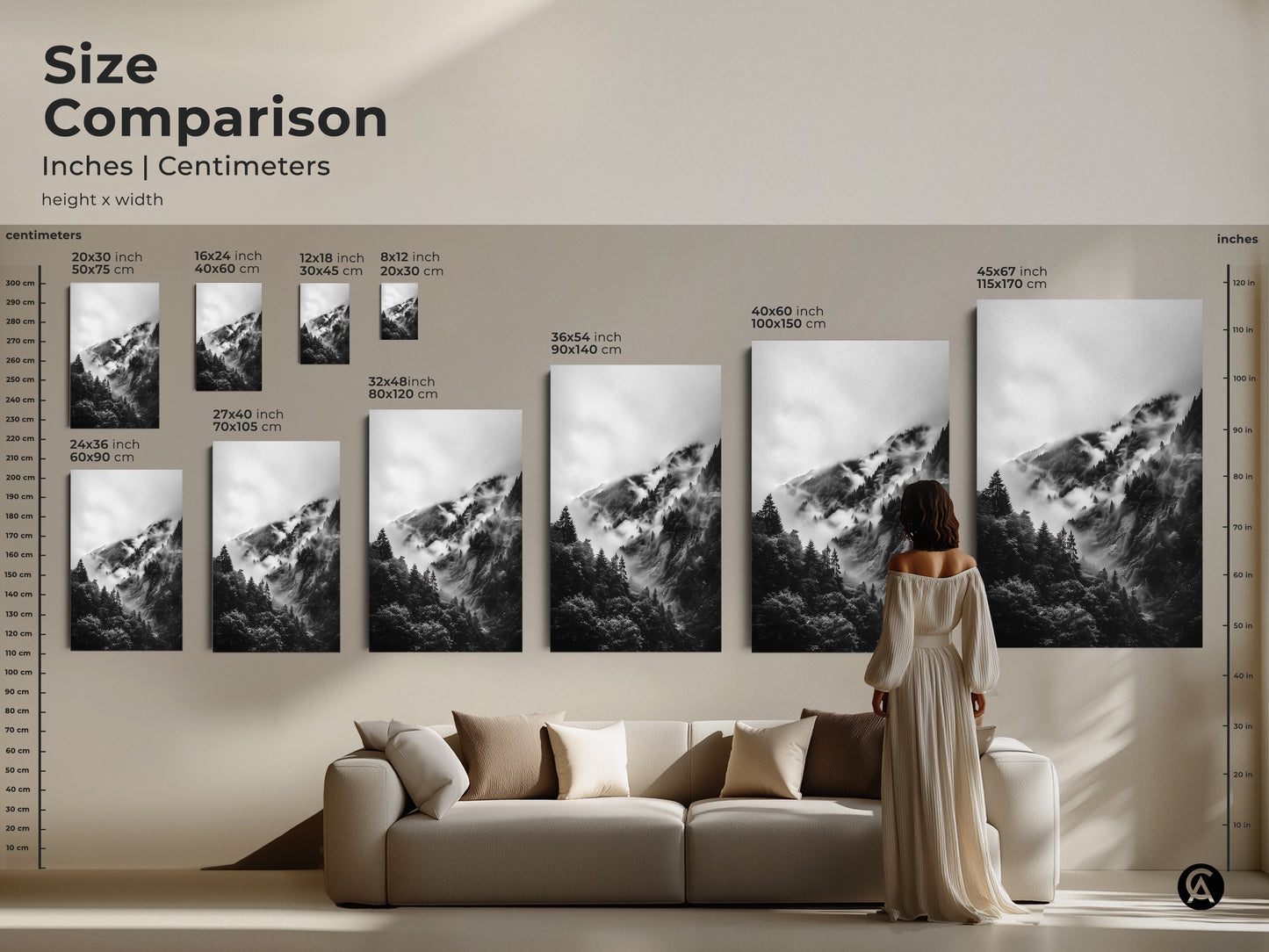 Size comparison of foggy mountain forest art in inches and centimeters. See how the monochrome landscape looks in various sizes. Perfect for living room canvas or bedroom wall art.