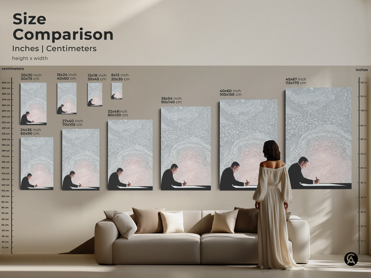 Size comparison of modern office wall art showcasing an abstract man writing conceptual print. Visualize different sizes of this minimalist silver white art in a living room setting. Perfect gift for aspiring writers