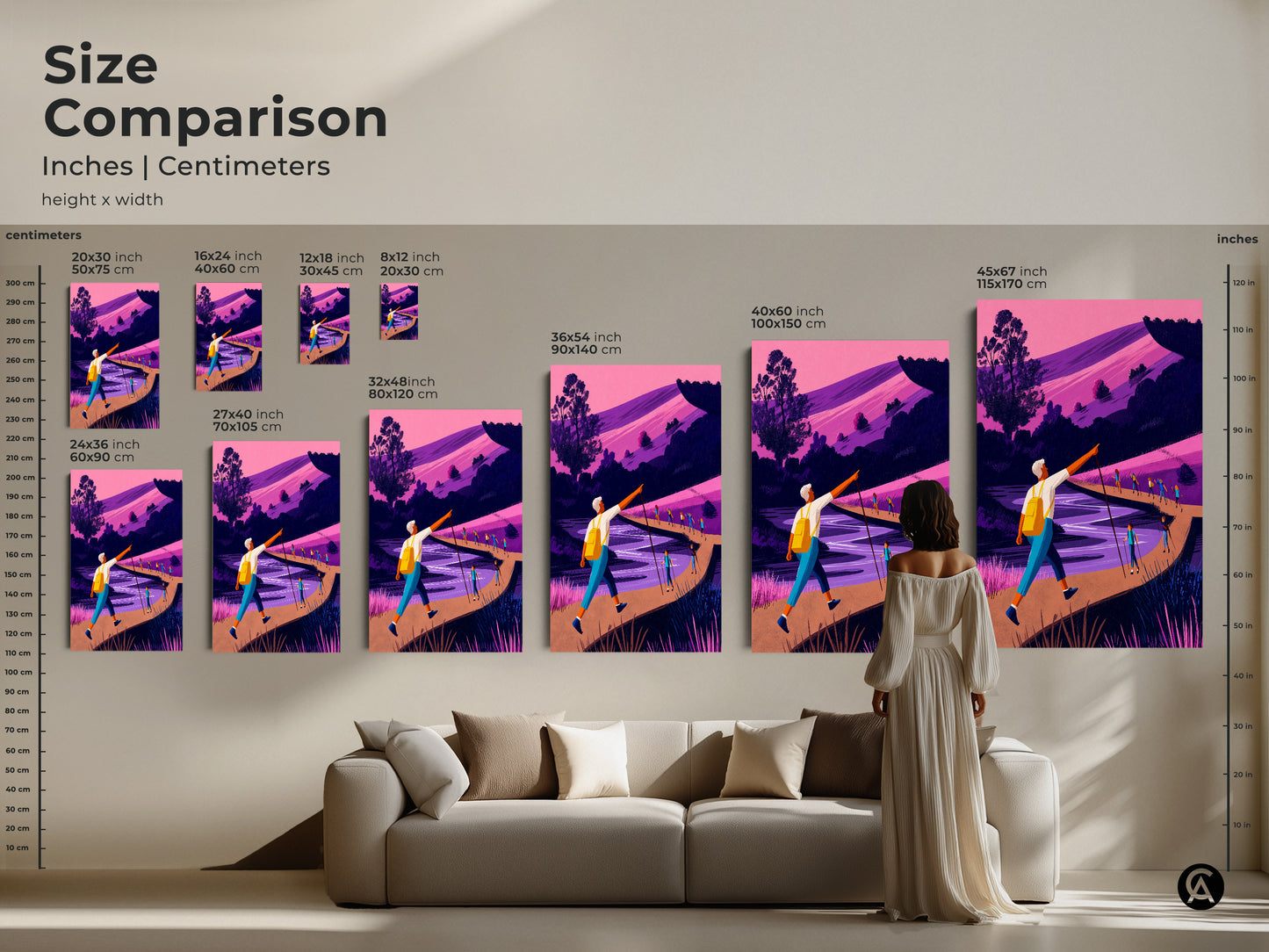 Size comparison in inches and centimeters. The pink purple landscape wall art looks great in any size. Hiker adventure canvas print in contemporary outdoor decor. Modern travel artwork for any home.