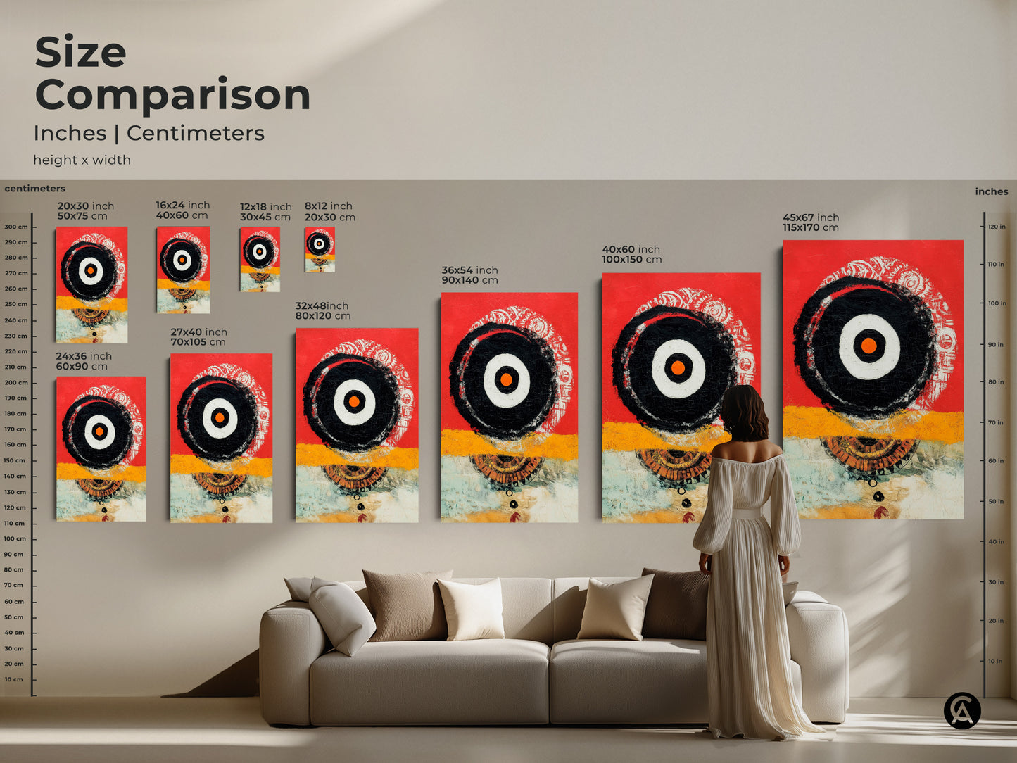 See the size comparison of this modern geometric abstract artwork. View the art in inches and centimeters to find the perfect fit. Whether its a small print or a large canvas the red yellow and black design adds style. Enhance your living room office or studio with this eclectic art.