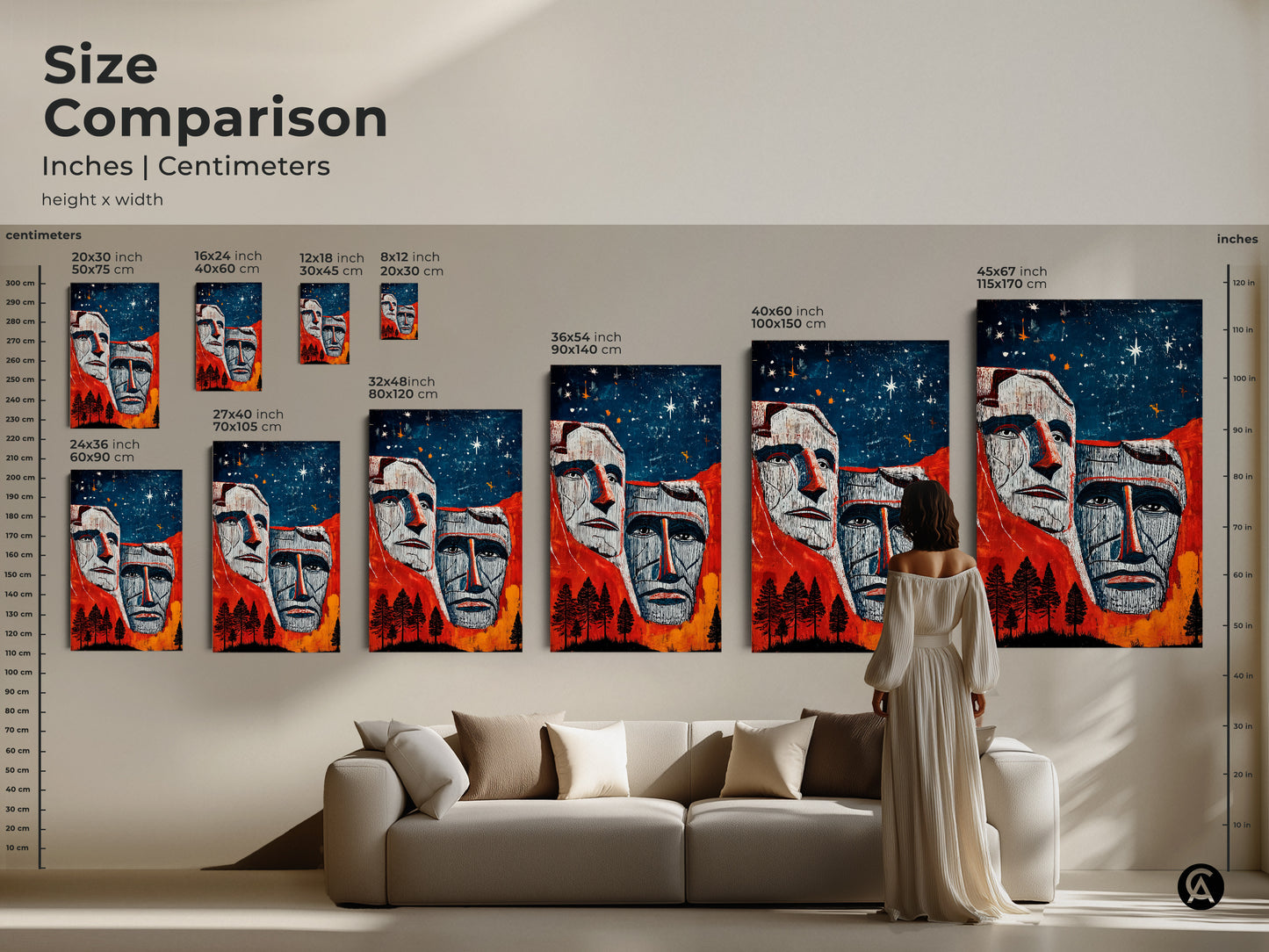 Size comparison featuring Mount Rushmore art. A woman views the art in a living room. See American Presidents art in different sizes. Canvas and poster options shown. Red blue orange hues add color to your home. Eclectic art displayed in a modern setting. Ideal home decor print.