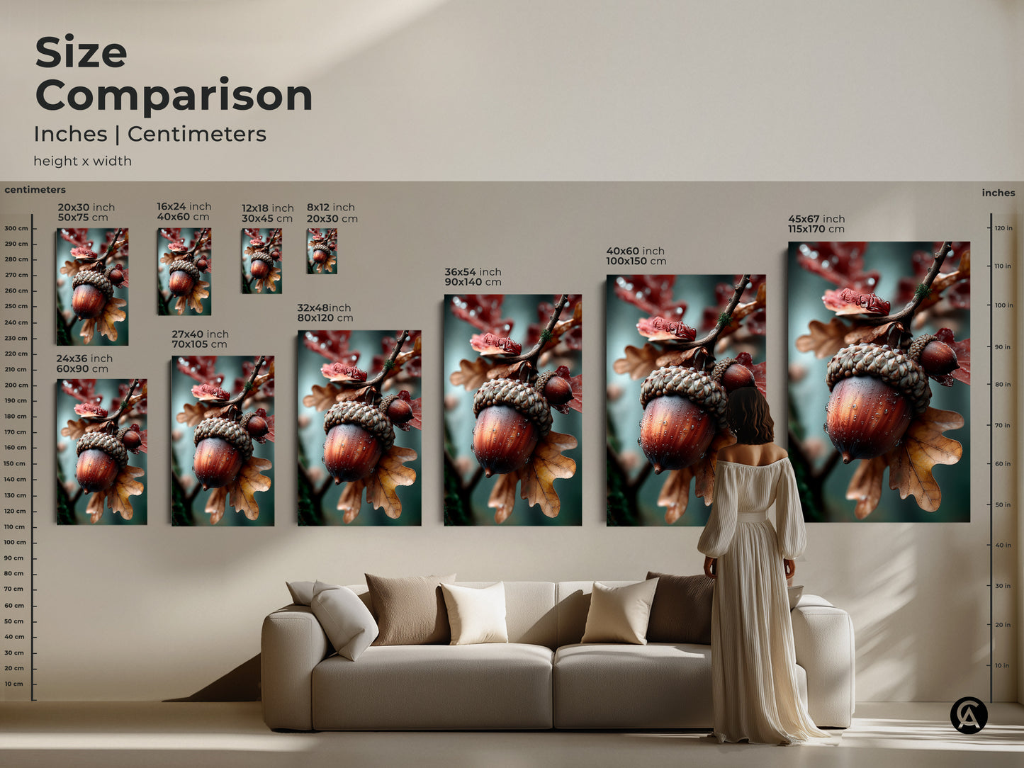 Compare sizes of acorn art in inches and centimeters. See how the artwork looks in different dimensions. The size comparison helps you choose the best fit. A great way to visualize the art in your home before you buy.