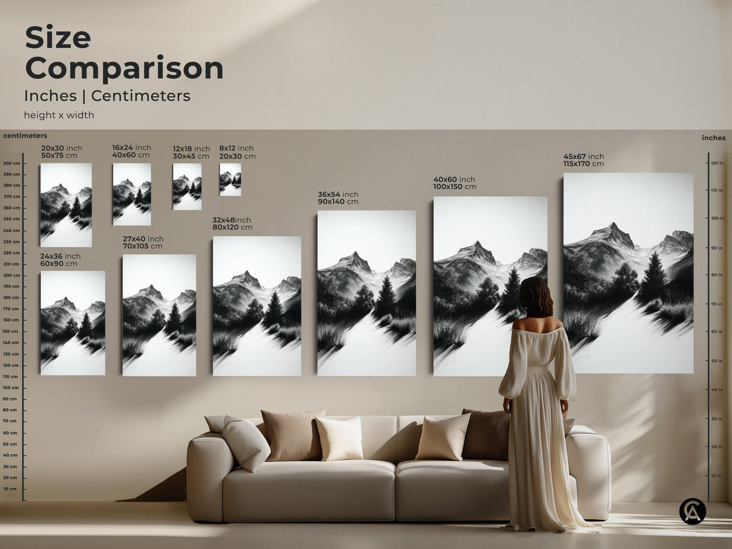 Size Comparison of mountain path art prints in inches & centimeters. See how the black and white landscape artwork fits above a couch. Poster & canvas sizes available to fit any space.