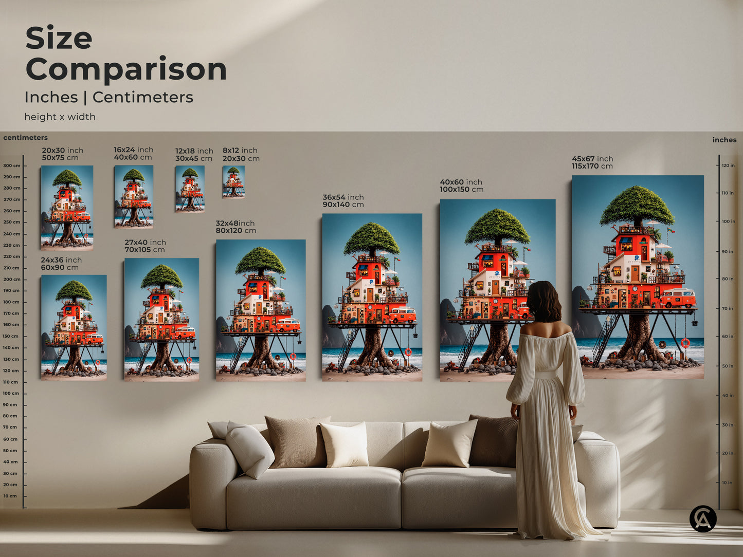 A size comparison shows the eclectic treehouse art in various dimensions. See how the vintage camper van wall art looks in different sizes for your living room. Visualize this nature-inspired artwork above your sofa for the perfect fit.