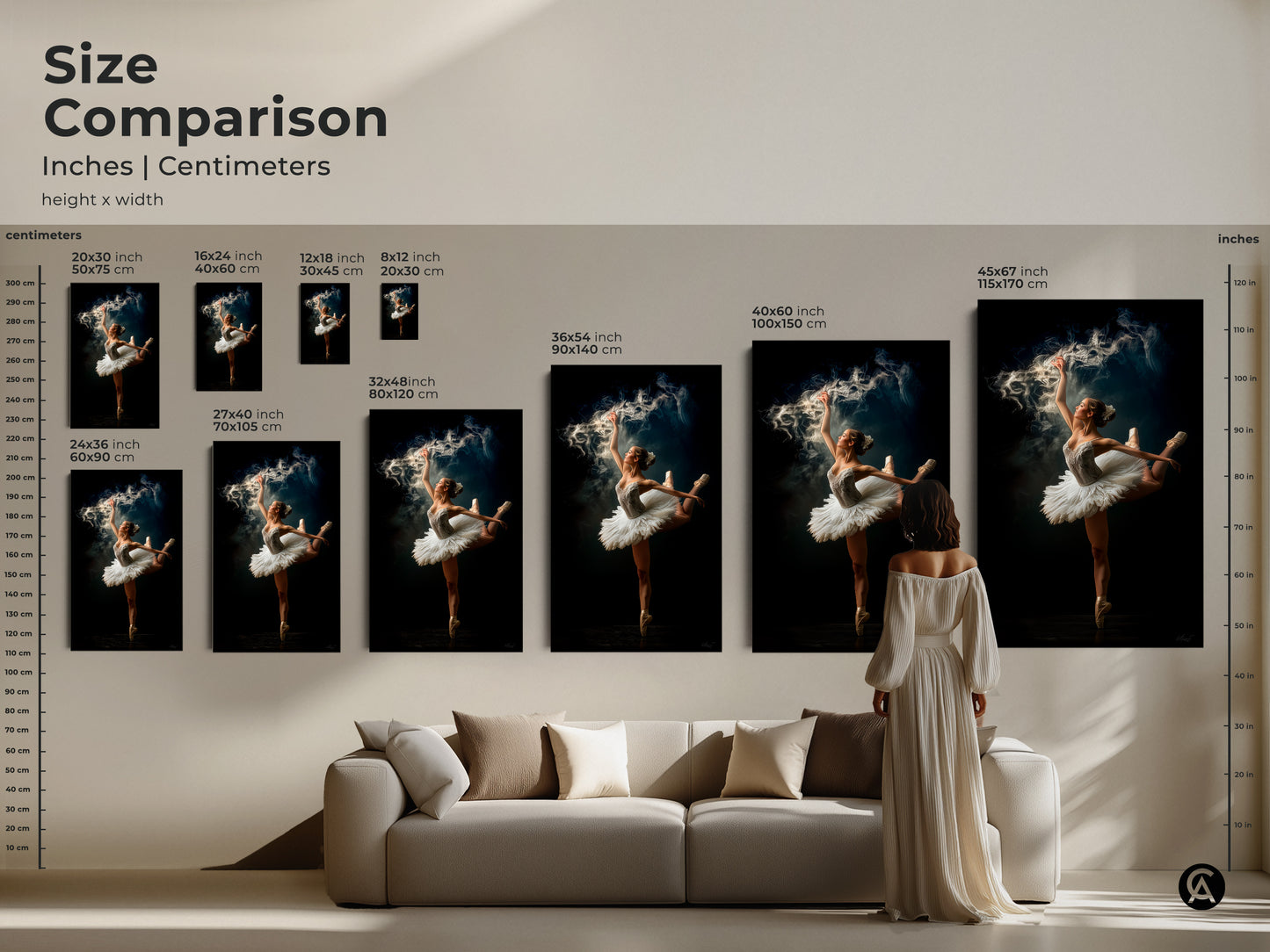 Size comparison of ballerina art prints. See how different sizes fit above a sofa. Available in sizes from 8x12 inches to 45x67 inches. Choose from canvas or poster prints. Find the ideal size for your home decor.