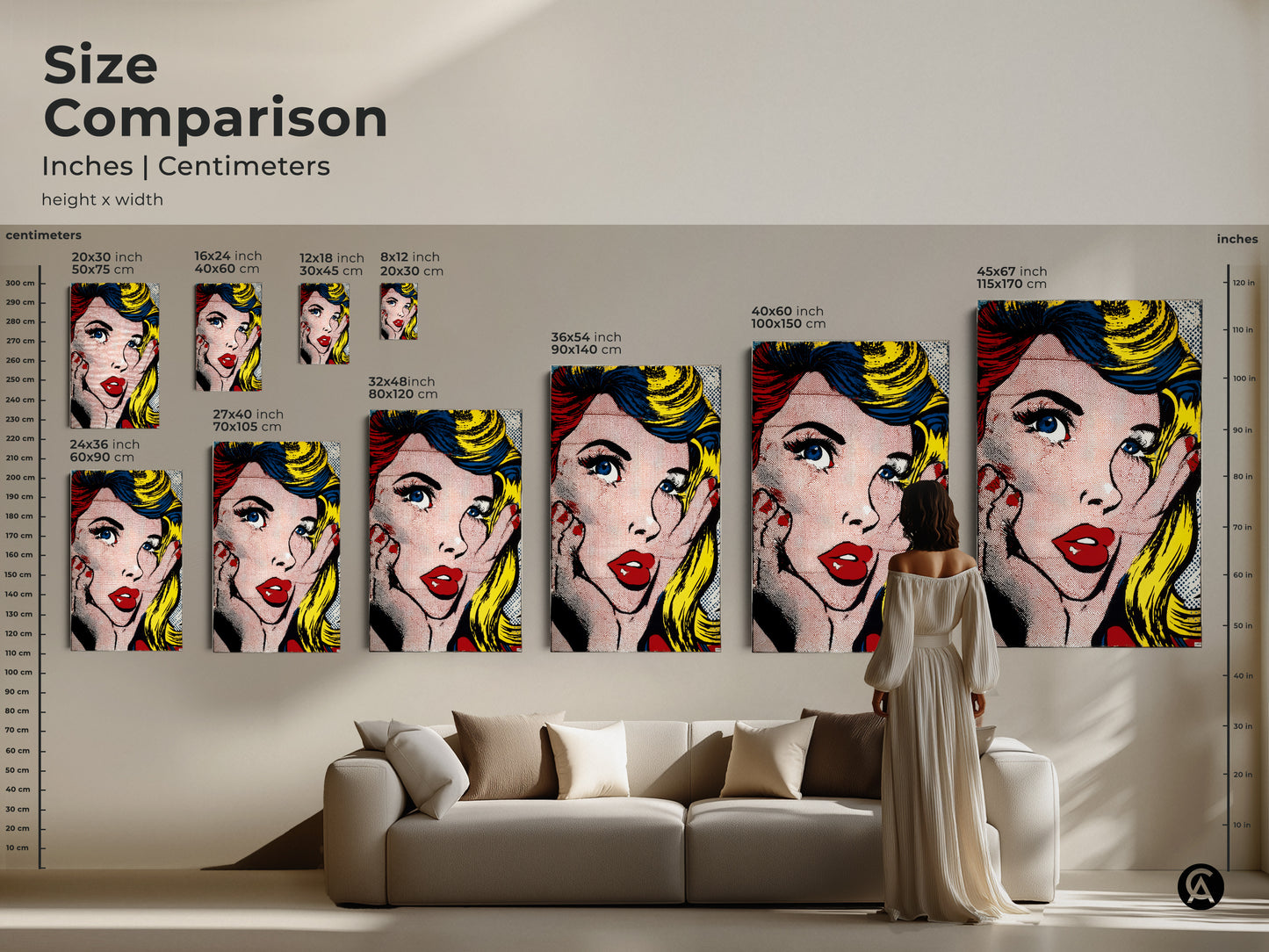 Size comparison of Pop Art Woman artwork in inches and centimeters. See how different sizes fit above a sofa. This artwork is available in canvas and poster prints. Choose the ideal size to enhance your home decor with this pop art masterpiece