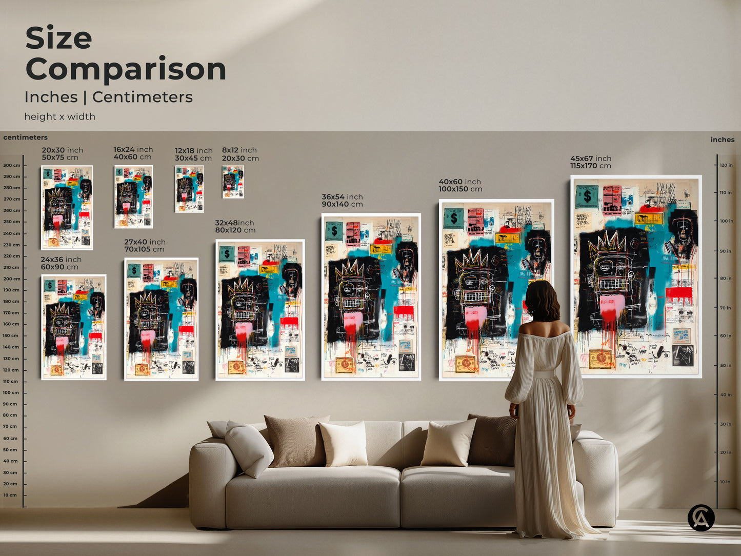 Size comparison of Basquiat art prints. Artwork is available in inches and centimeters. Choose the perfect size for your space. Find your art today. Shop our Basquiat collection for museum-quality prints.