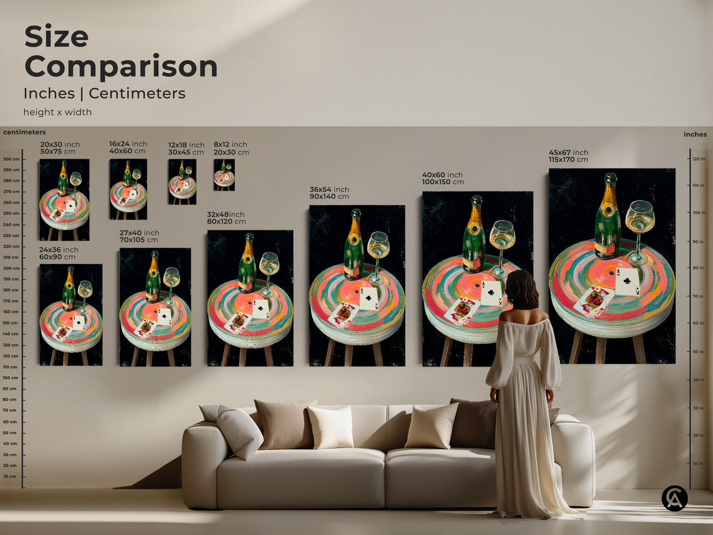 Size comparison of the Impressionistic still life canvas print. See how the artwork fits in different spaces. The luxury home bar decor and sophisticated game room art.