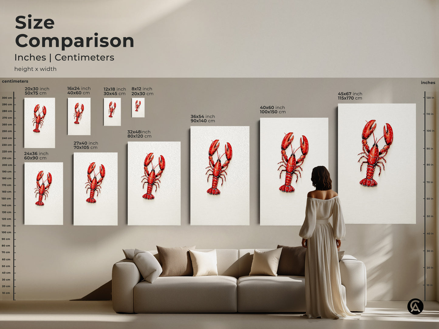 Size comparison for inches and centimeters. Various sizes of Red Lobster artwork are displayed. From 8x12 inches to 45x67 inches. This coastal art enhances any living room. This is perfect for seafood lovers.