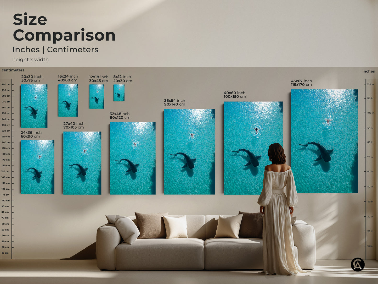 Size comparison of coastal ocean artwork featuring a whale shark and swimmer. See how different sizes of canvas and poster prints fit in your living space. Choose the perfect scale to create a stunning focal point with this turquoise ocean art.