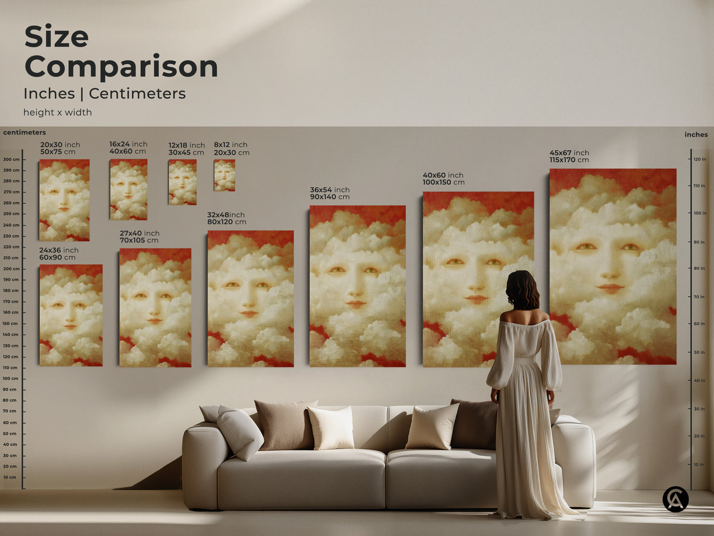 Close-up of a surreal face cloud painting. The artwork features gold accents and cream cloudscapes. It is a unique wall art for the living room. This art is modern and dreamy.