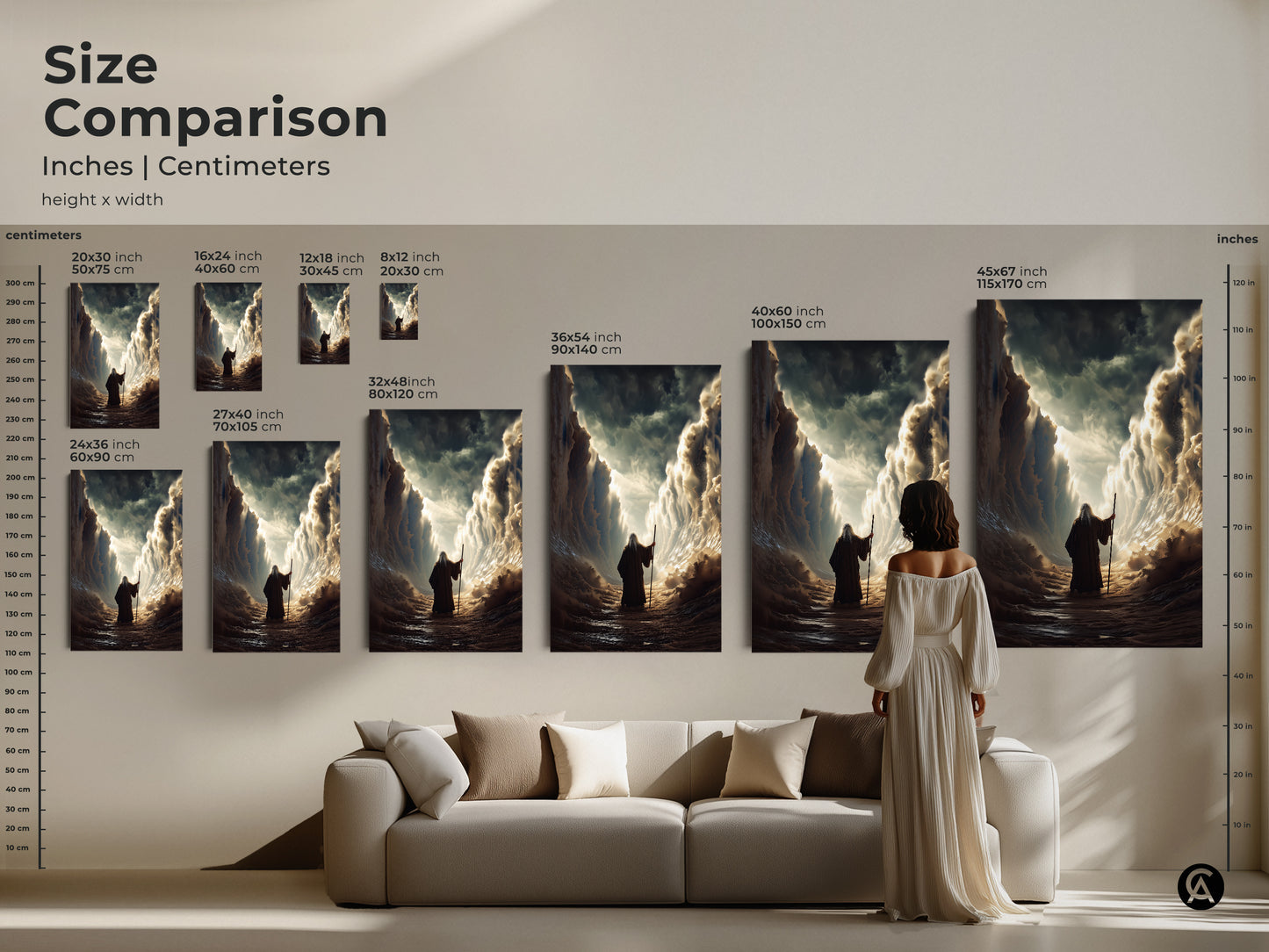 Compare sizes of Moses parting the Red Sea canvas prints. Visualize how each artwork fits above your sofa. Choose the perfect dimensions to create a dramatic religious scene in your home. Discover the ideal piece for your inspirational home gift.