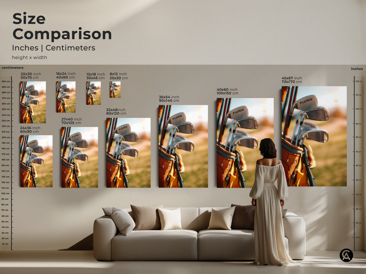 Size comparison of golf artwork in inches and centimeters. Visualize how different sizes will look in your home. Available in canvas and poster prints. From small to large find the perfect fit for your wall