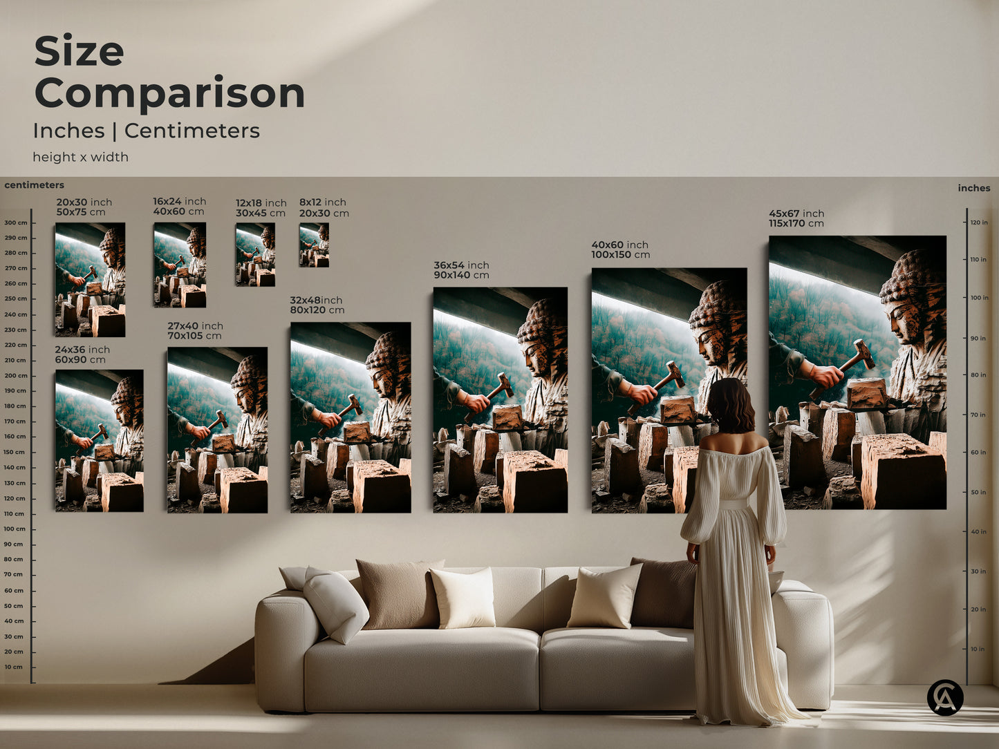 Size comparison of spiritual Buddha sculpture art. See how different sizes look in a living room setting. The artistic figurine canvas print is available in inches and centimeters. This bronze brown and teal spiritual art enhances any space. Perfect for meditation room decor or study room wall art.