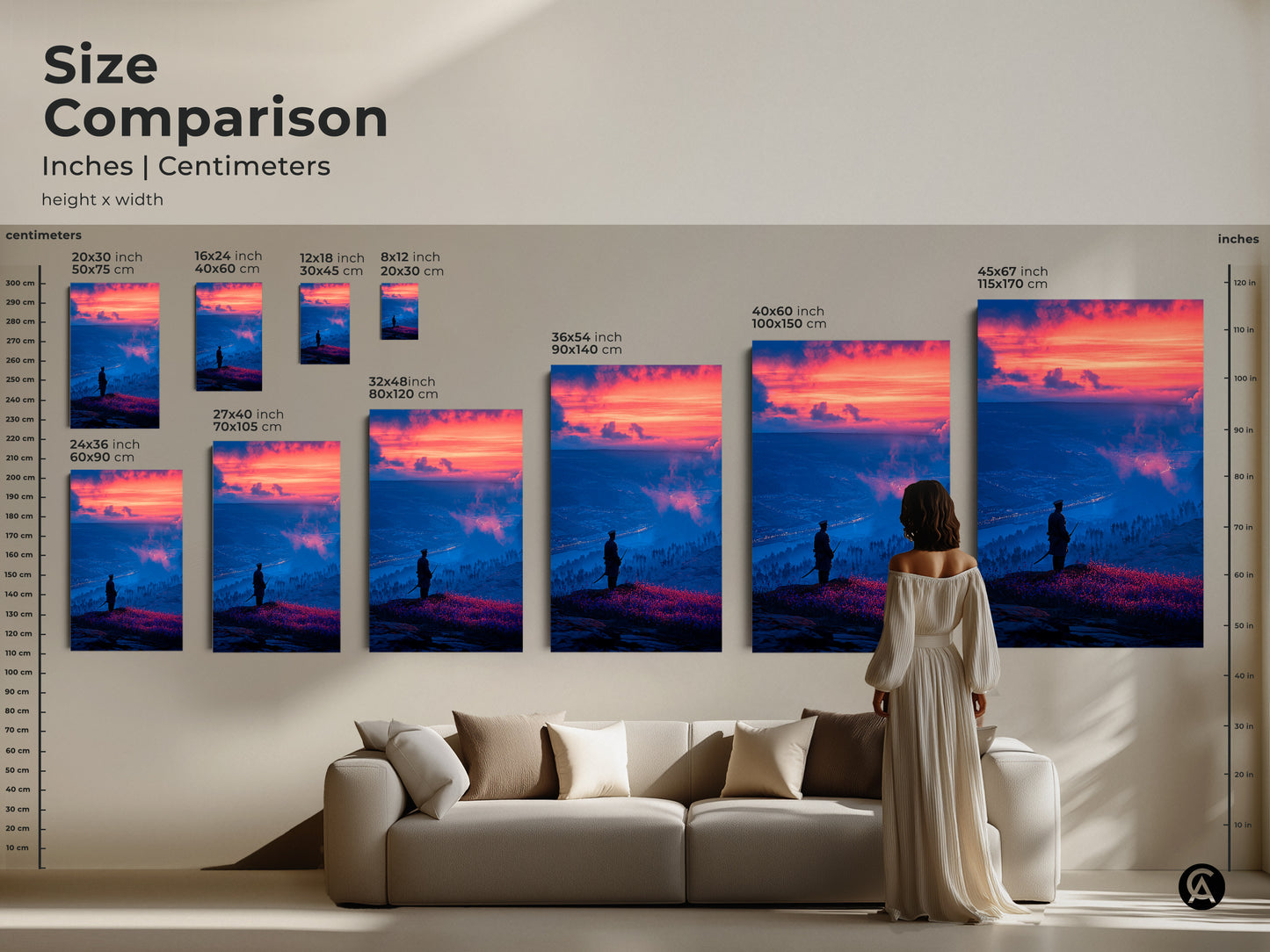 Compare sizes of this blue crimson sky art. Visualize how the samurai warrior wall art fits in your living space. From 20x30 cm to 45x67 inch find the perfect scale for this cinematic sunset landscape art.