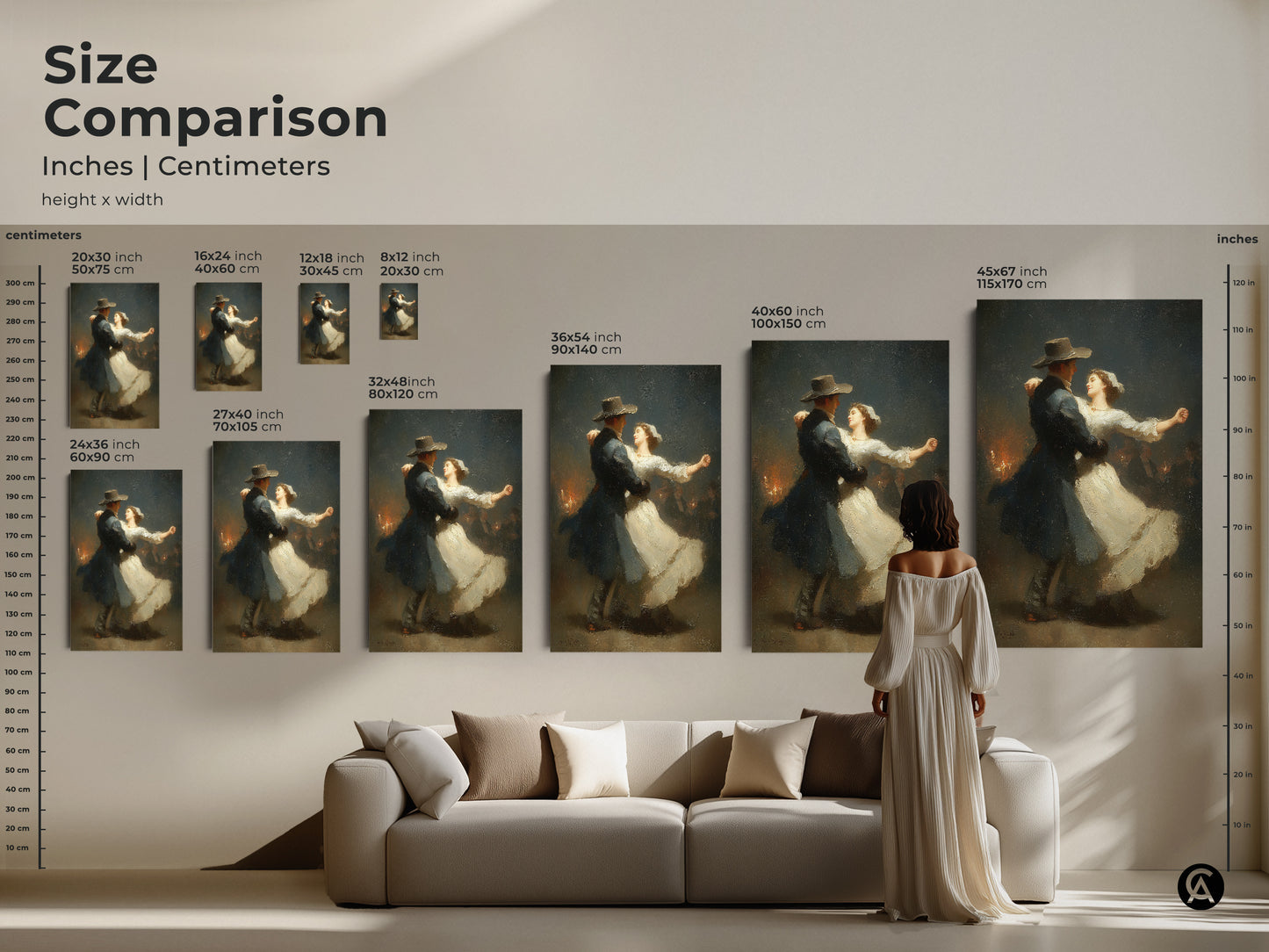 Compare sizes of this romantic dance art. Visualize how it fits in your living room. This classical Victorian couple art is perfect above a sofa. The dark blue and white painting enhances any space. An ideal anniversary gift for couples. Enhance your romantic home decor today.
