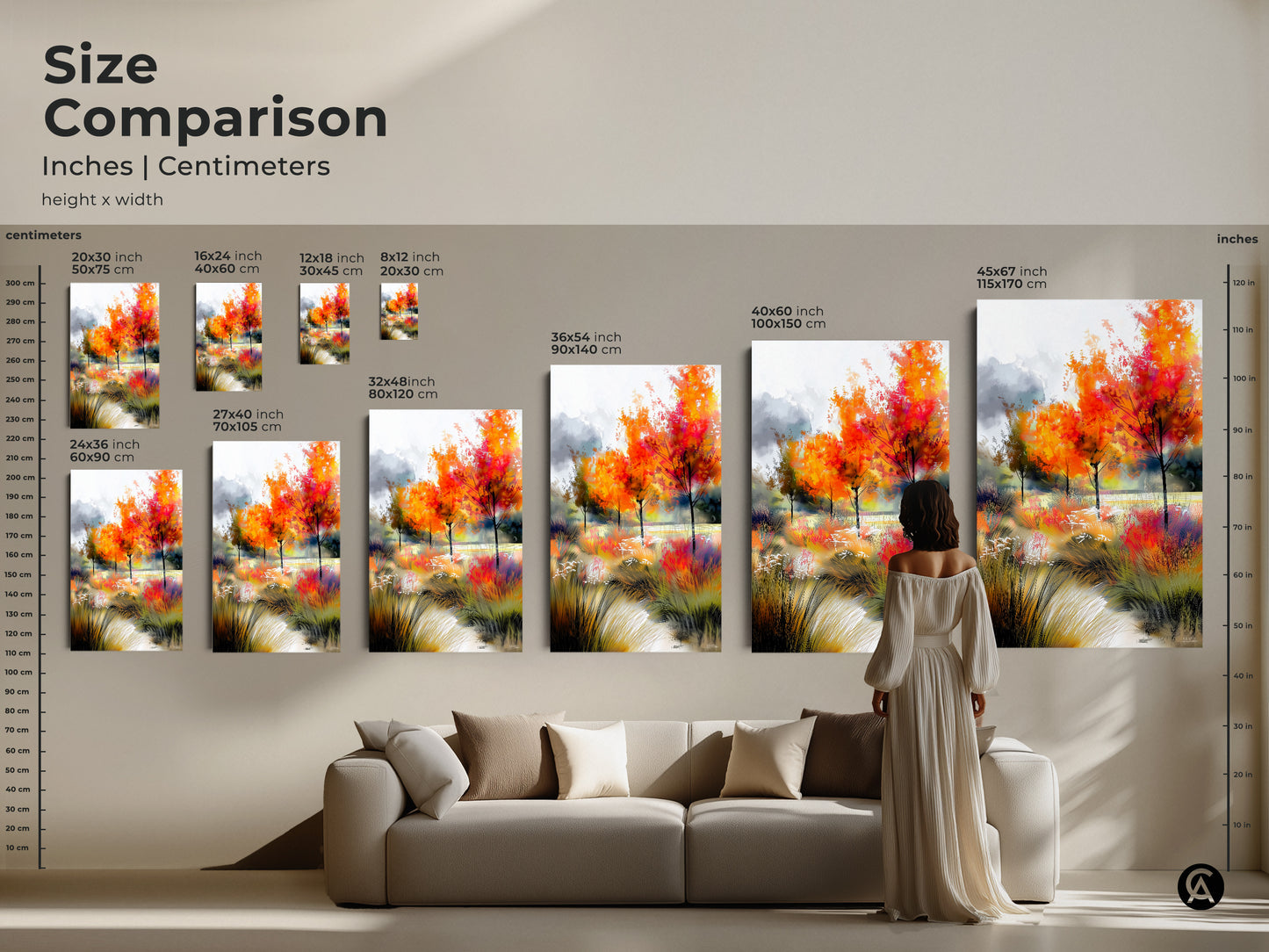 Compare sizes and visualize the impact of our autumn trees landscape artwork. This size comparison includes inches and centimeters. See how different sizes fit above a sofa. Find the perfect dimensions to elevate your home decor with this stunning artwork.