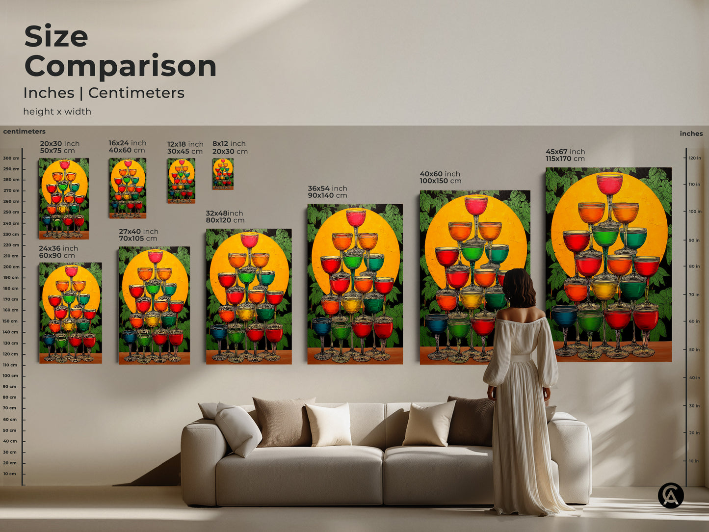 Size comparison of Art Deco Champagne Tower wall art in inches and centimeters. See the colorful cocktail glasses art. Visualize how each size fits above your sofa. Available as Canvas or Poster.