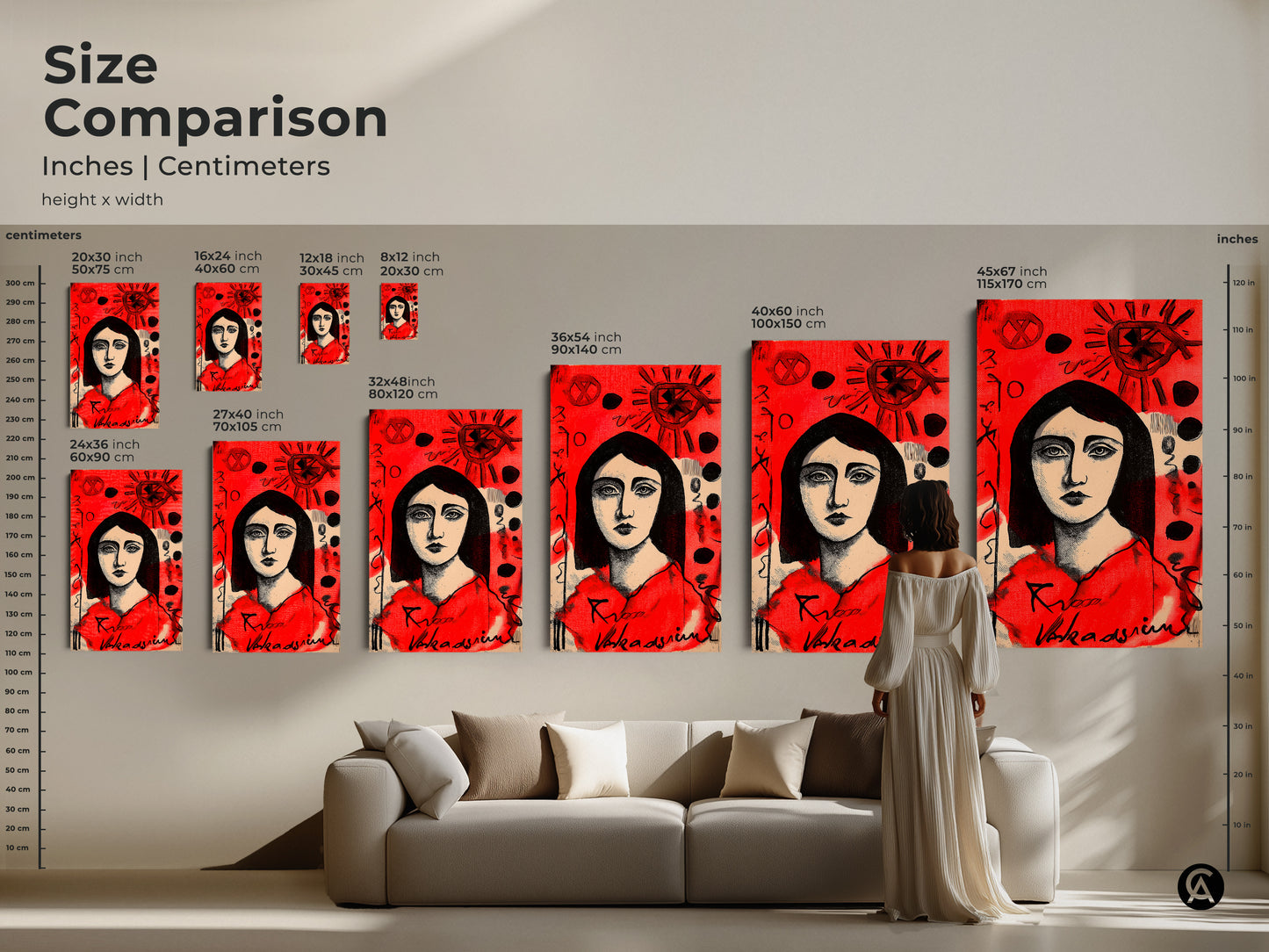 Compare sizes of this captivating woman's portrait art. Visualize how different dimensions fit in your living room. Choose from canvas or poster options to suit your style. Find the perfect size for your space.