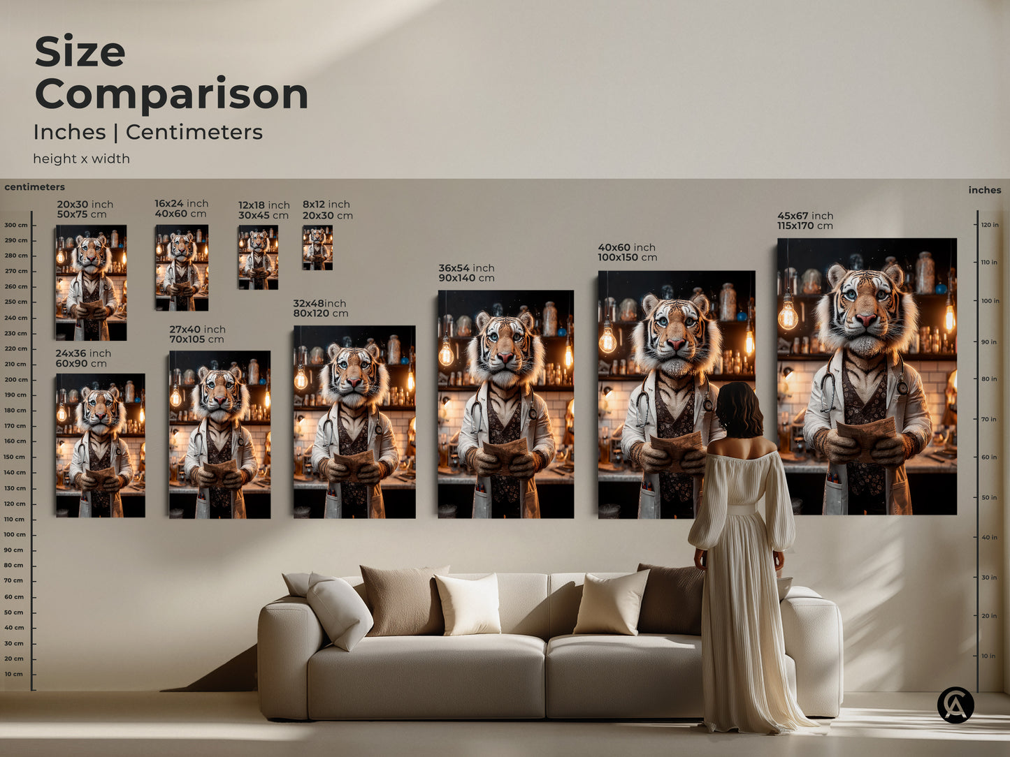 Size comparison of tiger doctor artwork in inches and centimeters. See how the art fits above a sofa. Various sizes are available to suit your space. Elevate your interior with this unique piece.