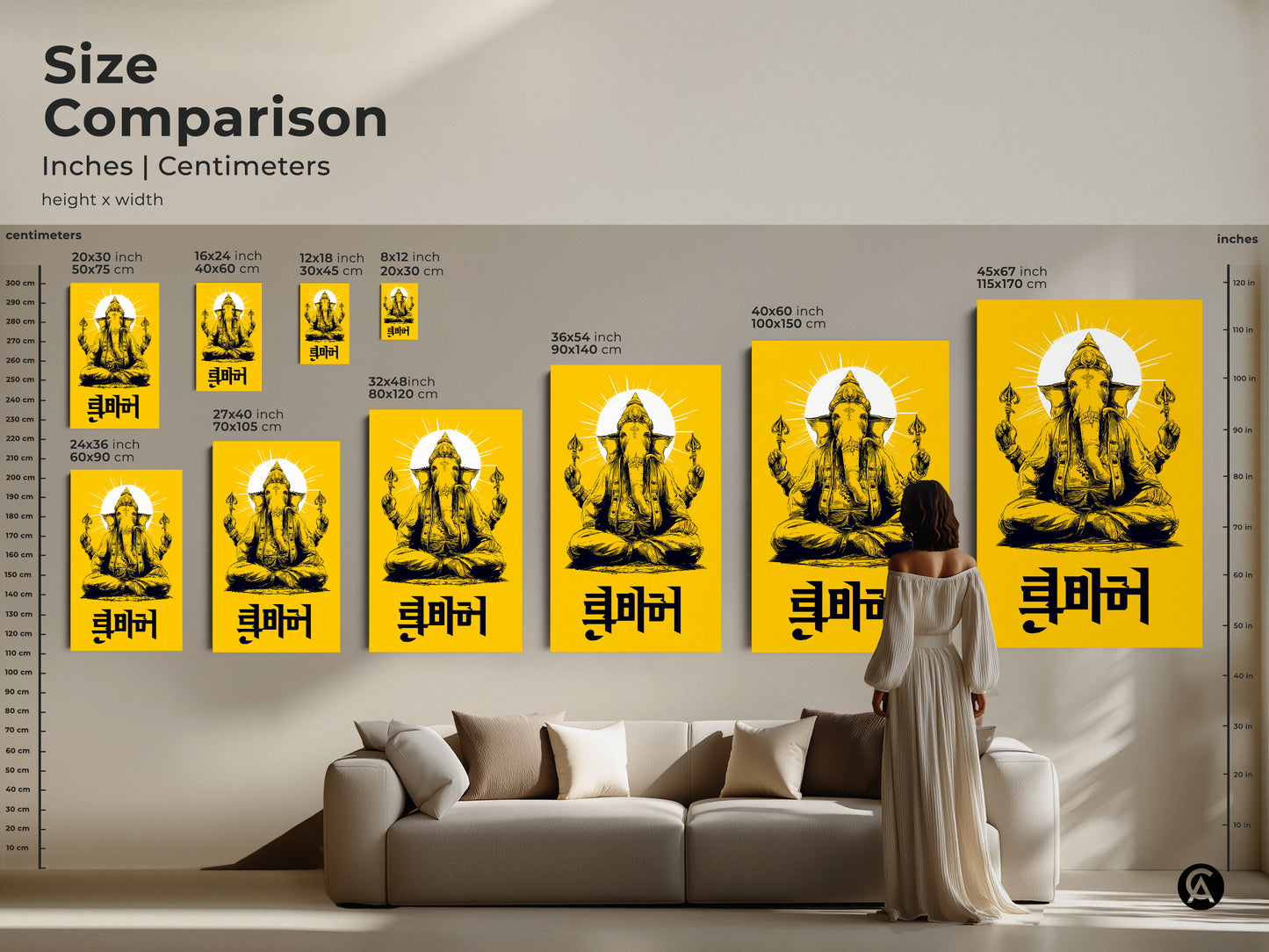 Size comparison of Ganesha art prints in inches and centimeters. Sizes vary for the yellow and black canvas and poster prints. This spiritual deity artwork is suitable for meditation rooms. The eclectic home art enhances living spaces.