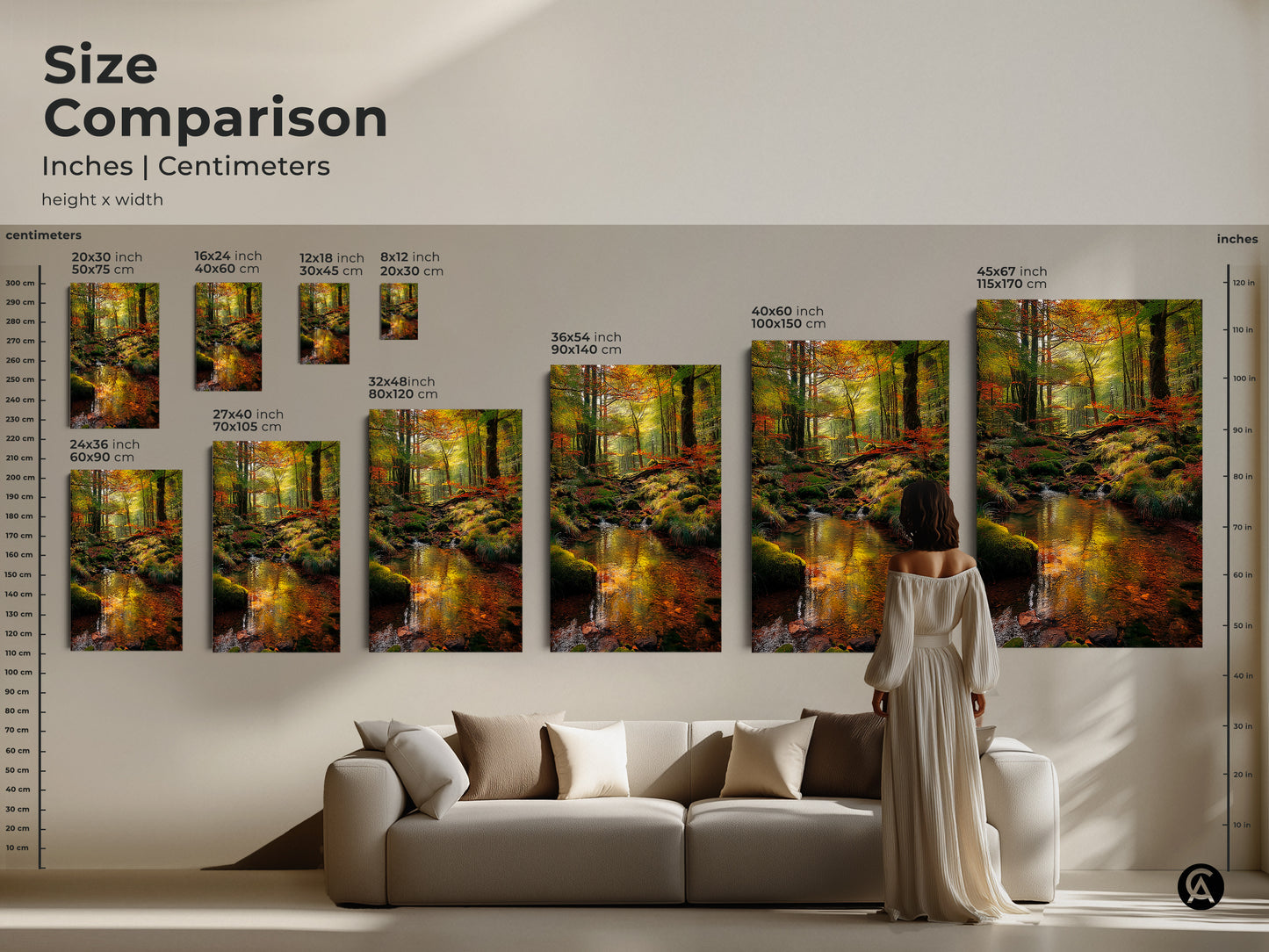 Compare sizes of the forest stream artwork in inches and centimeters. This size comparison guide helps you choose the ideal dimensions. See how the artwork looks in different sizes. Find the perfect fit for your space and style.